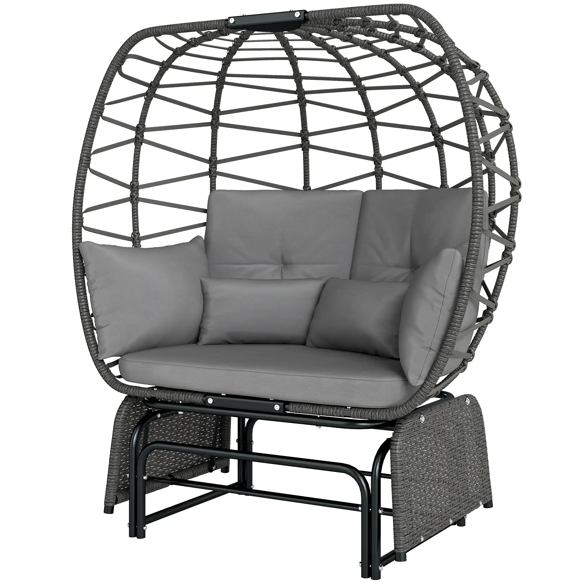 Double Outdoor Glider Egg Chair, With Cushions And Pillows, Dark Grey