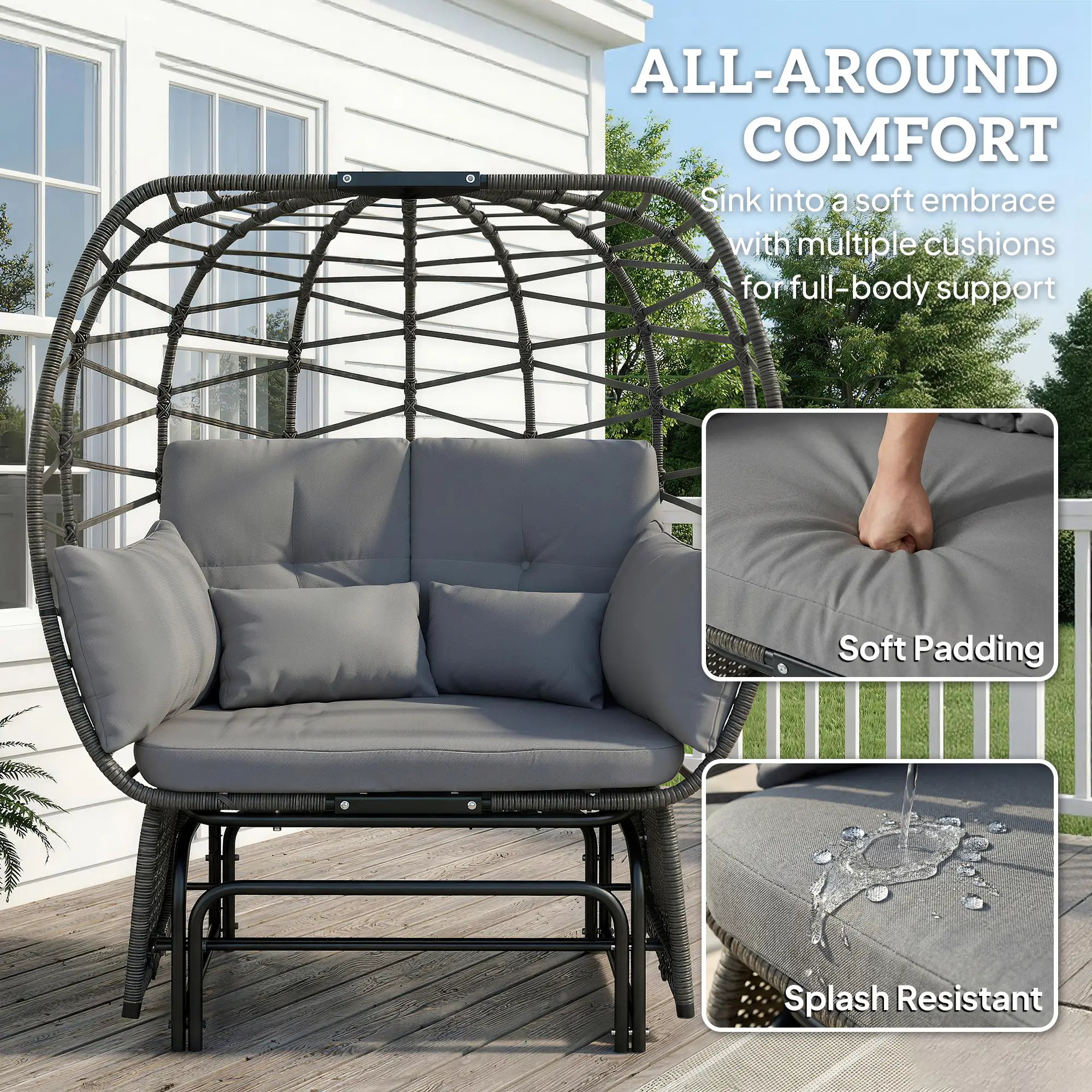 Double Outdoor Glider Egg Chair, With Cushions And Pillows, Dark Grey - Image 4