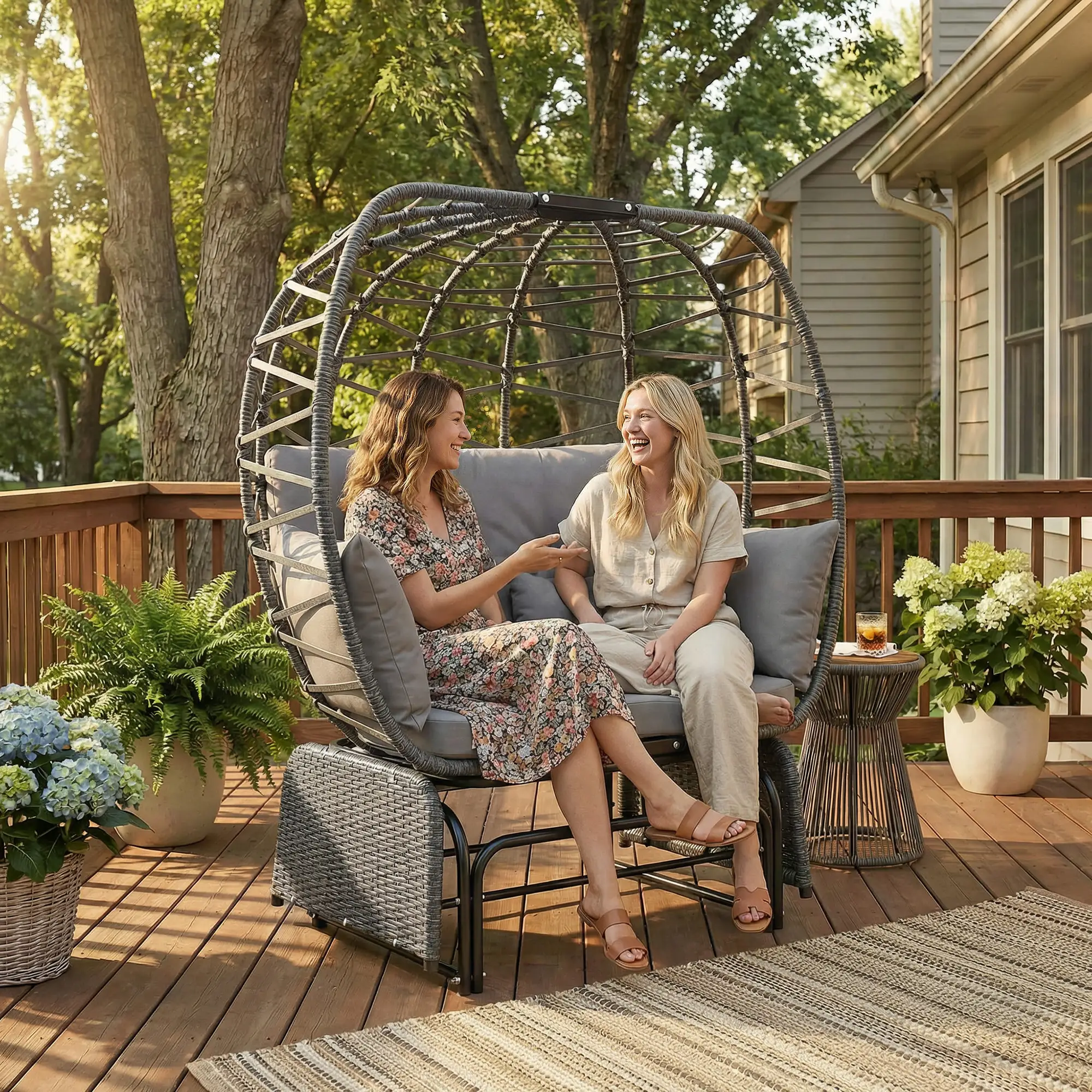 Double Outdoor Glider Egg Chair, With Cushions And Pillows, Dark Grey - Image 6