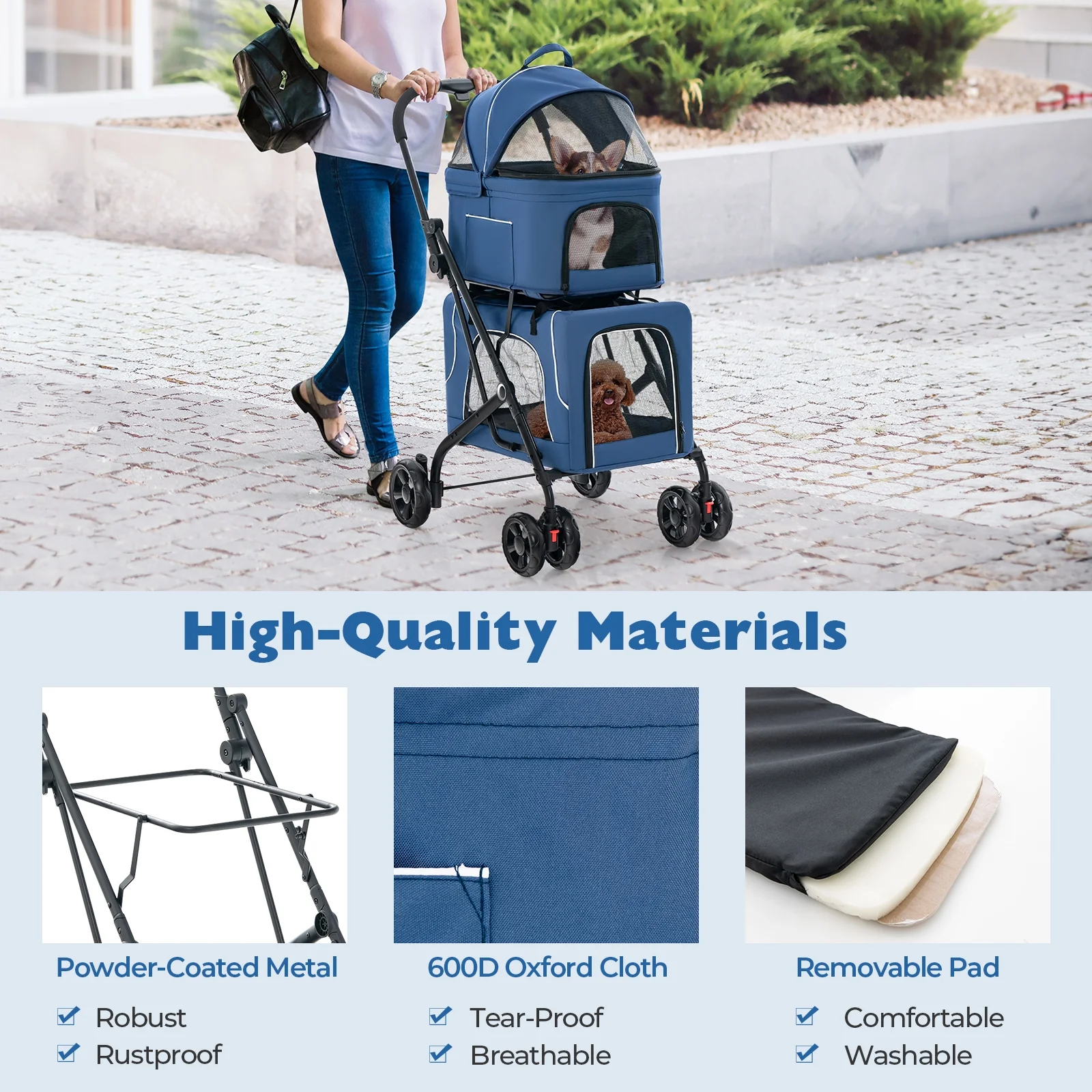 Double Pet Stroller, Foldable 3-in-1, 2 Detachable Carriers, Blue - Image 10