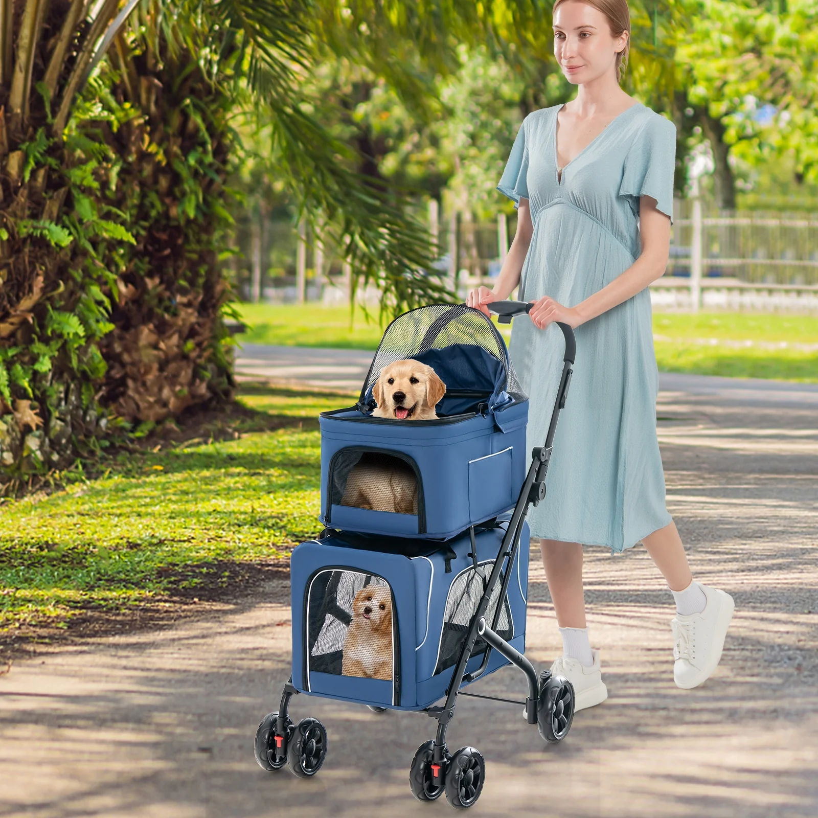 Double Pet Stroller, Foldable 3-in-1, 2 Detachable Carriers, Blue - Image 2
