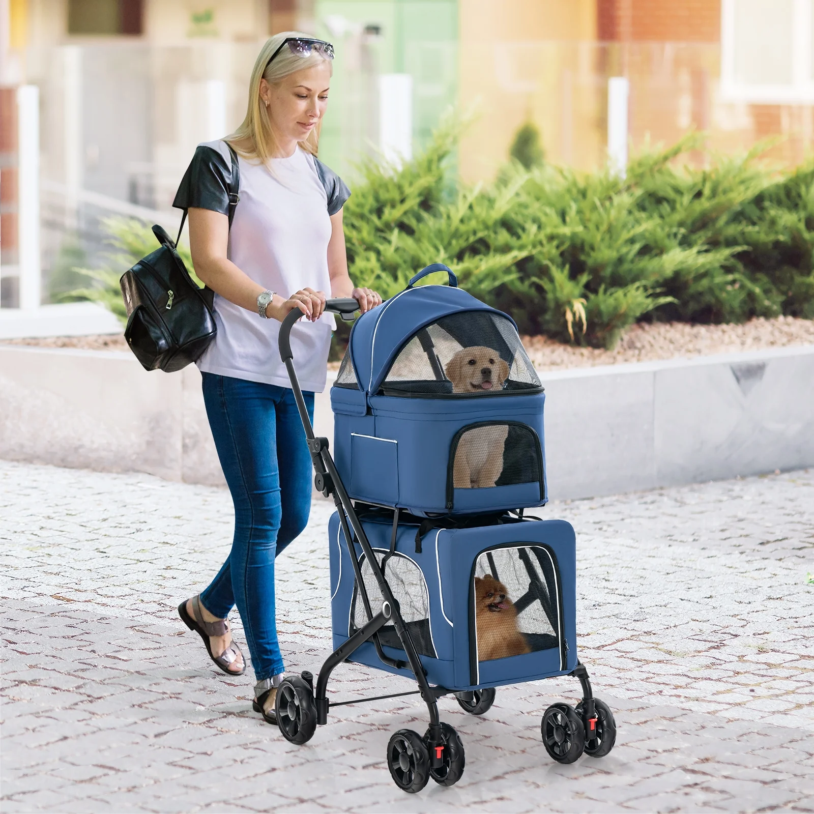 Double Pet Stroller, Foldable 3-in-1, 2 Detachable Carriers, Blue - Image 3