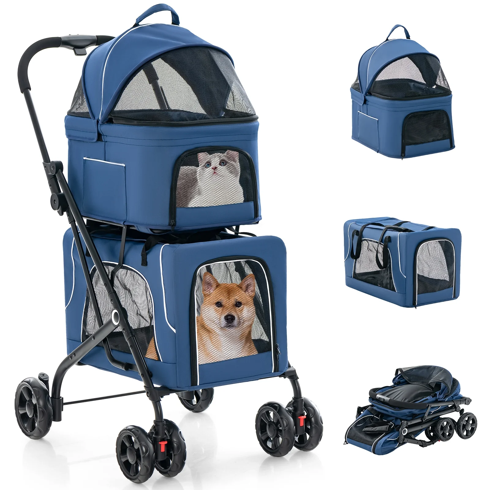 Double Pet Stroller, Foldable 3-in-1, 2 Detachable Carriers, Blue - Image 4