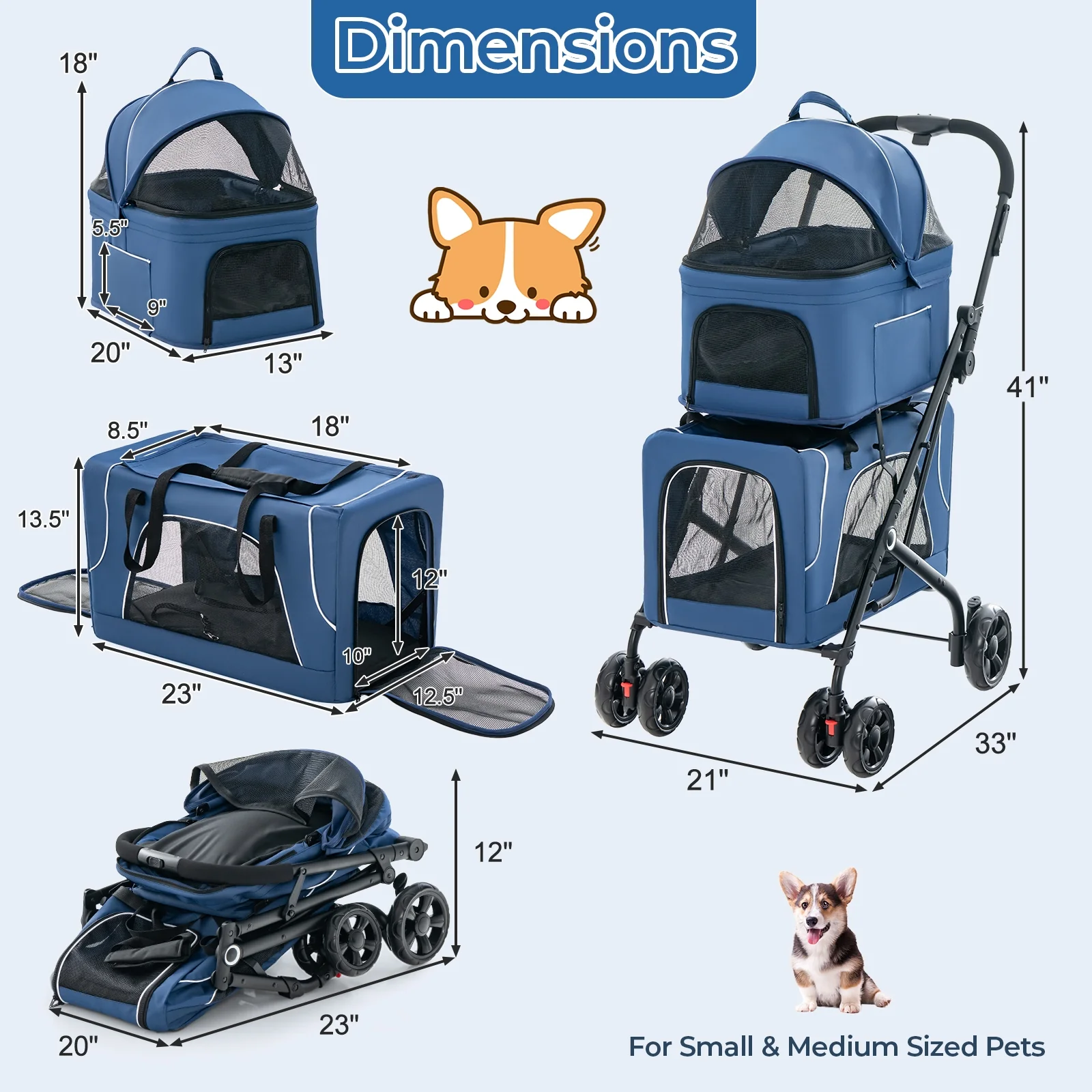 Double Pet Stroller, Foldable 3-in-1, 2 Detachable Carriers, Blue - Image 5
