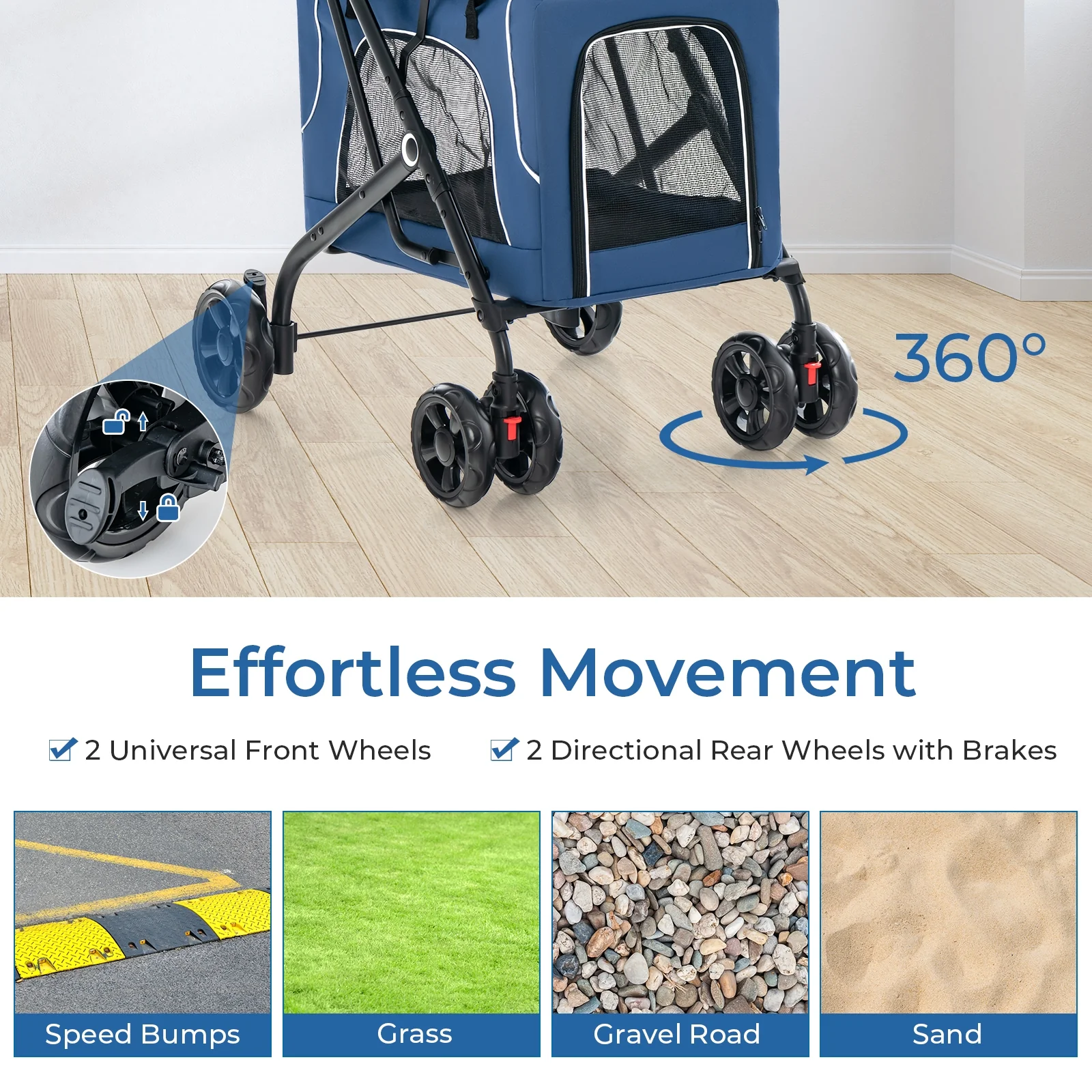 Double Pet Stroller, Foldable 3-in-1, 2 Detachable Carriers, Blue - Image 7