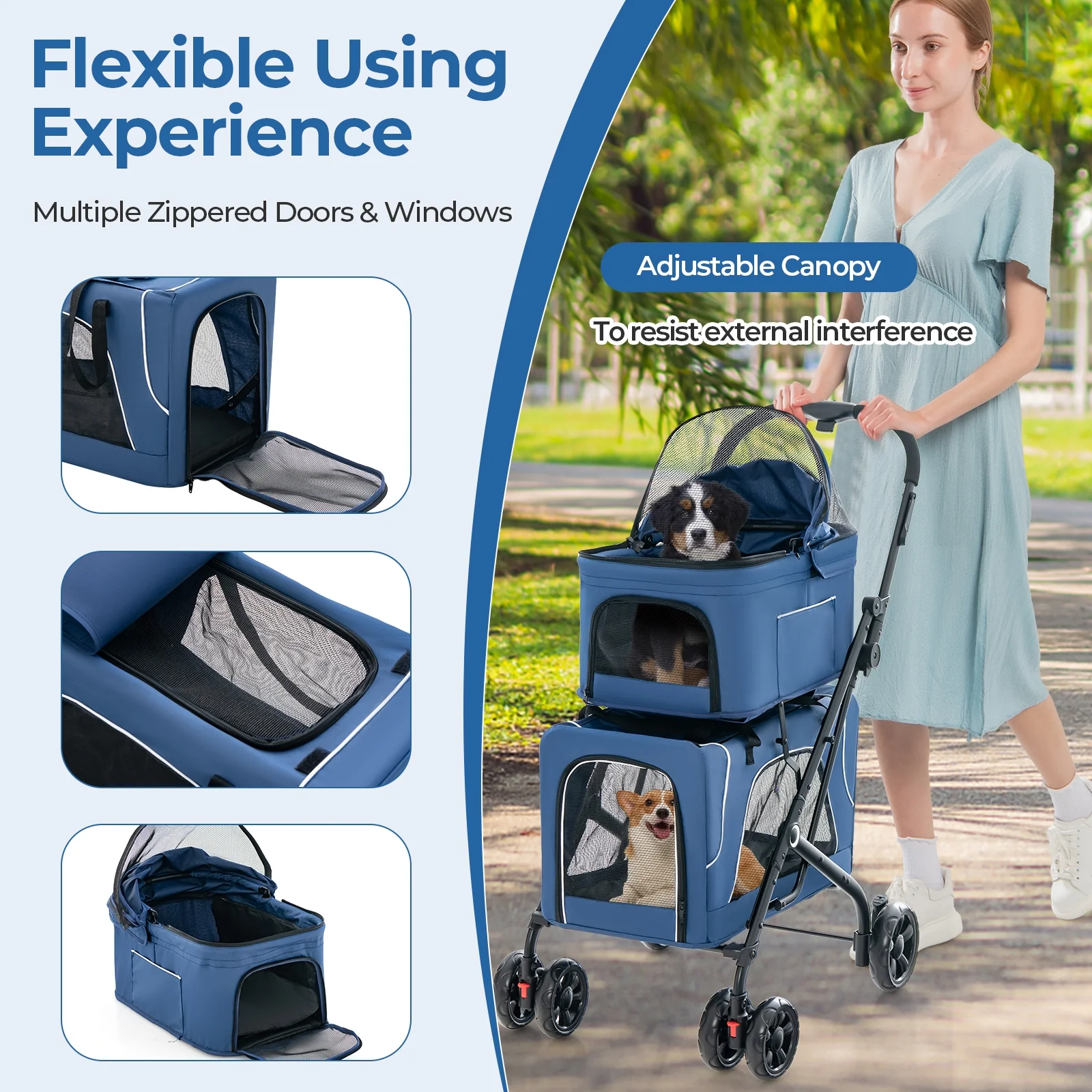 Double Pet Stroller, Foldable 3-in-1, 2 Detachable Carriers, Blue - Image 8