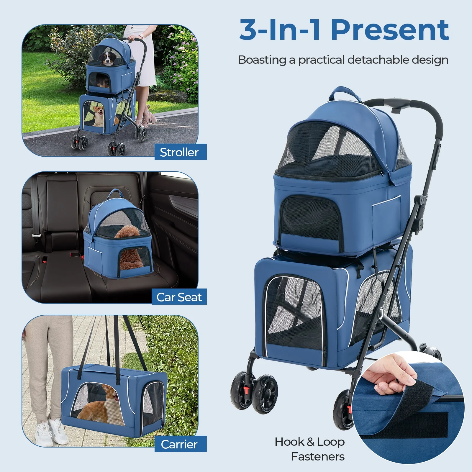 Double Pet Stroller, Foldable 3-in-1, 2 Detachable Carriers, Blue - Image 9