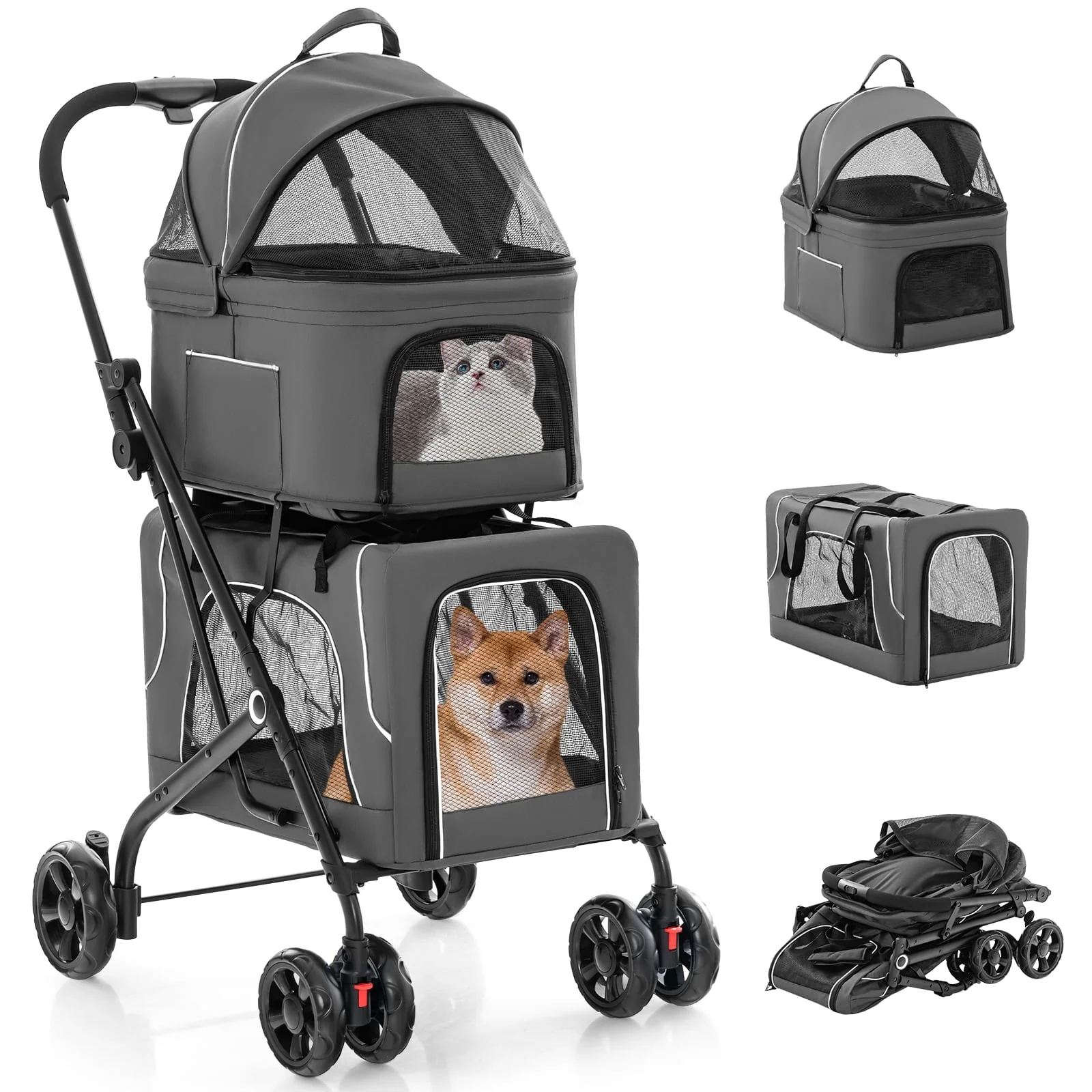 Double Pet Stroller, Foldable 3-in-1, Gray