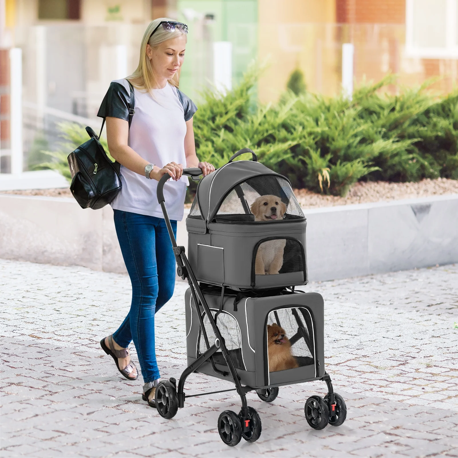 Double Pet Stroller, Foldable 3-in-1, Gray - Image 3