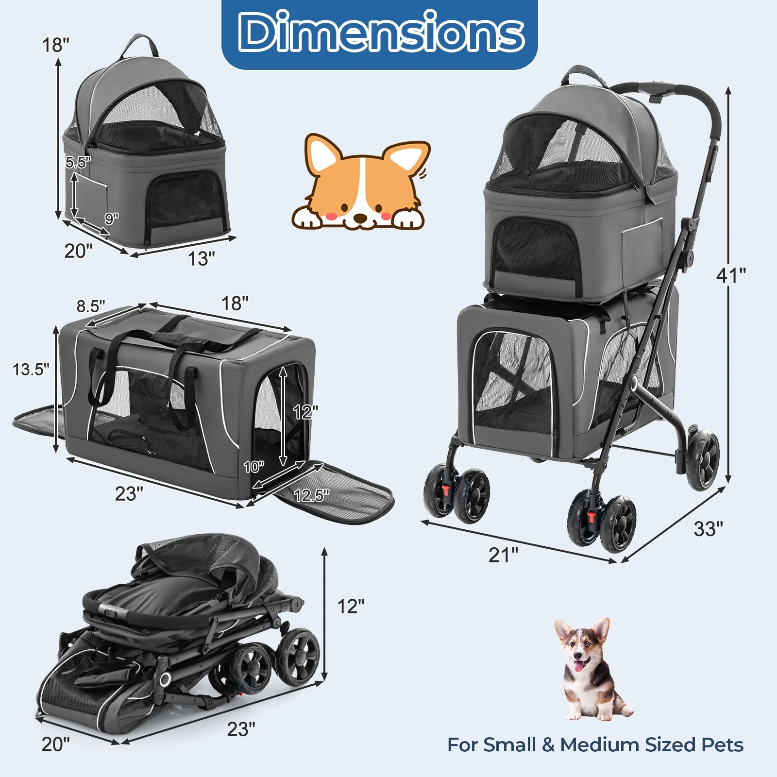 Double Pet Stroller, Foldable 3-in-1, Gray - Image 5