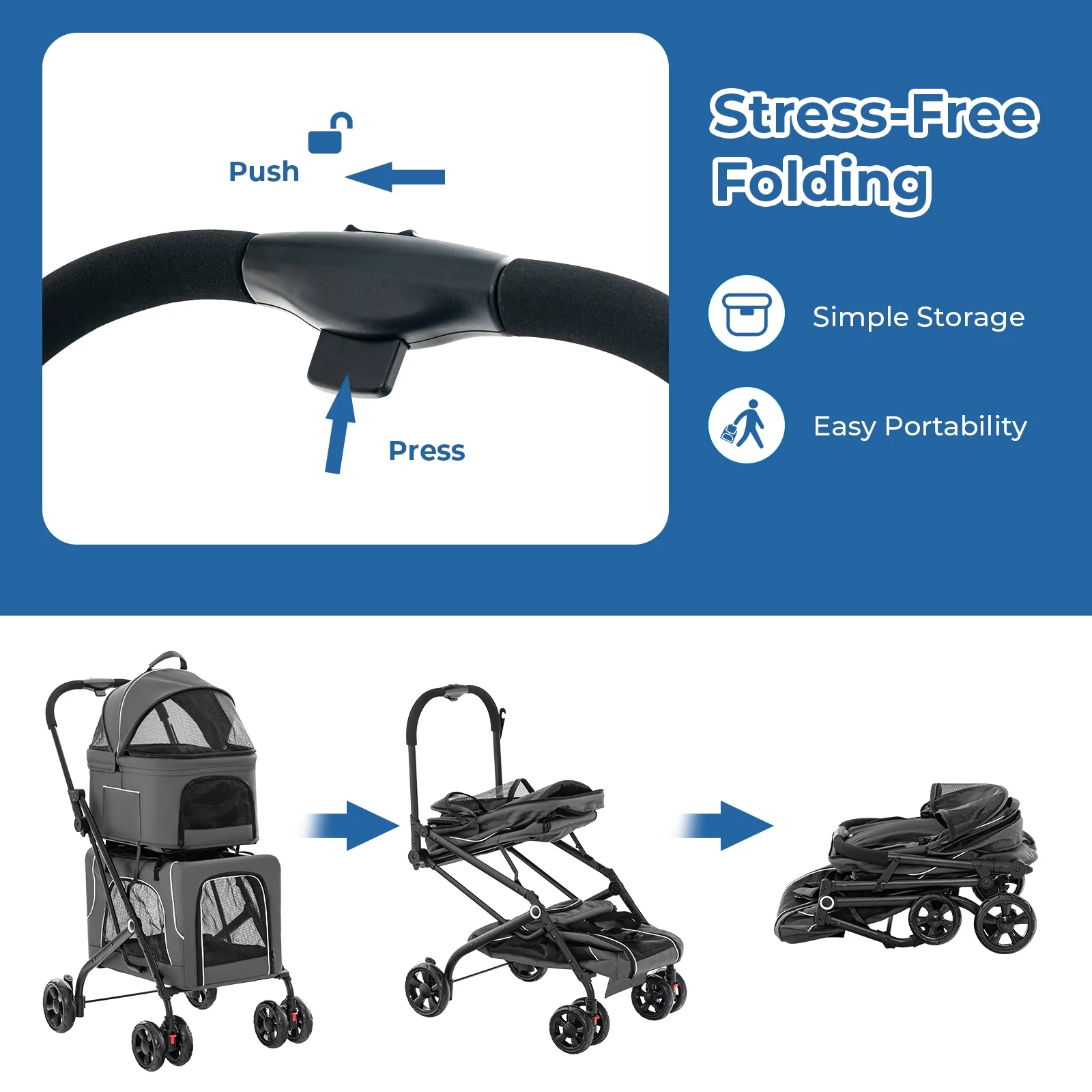 Double Pet Stroller, Foldable 3-in-1, Gray - Image 6