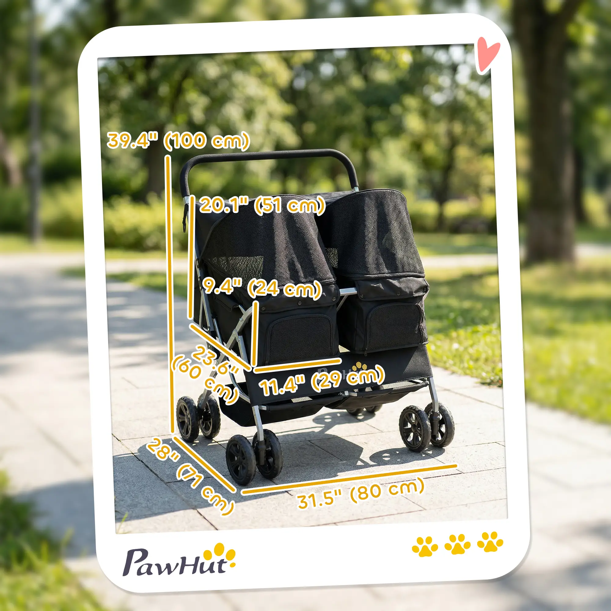 Double Pet Stroller, Foldable Dog Stroller with 2-Seater Carrier, Sunshade, Removable Pad, Safety Belt, Storage Basket - Image 3