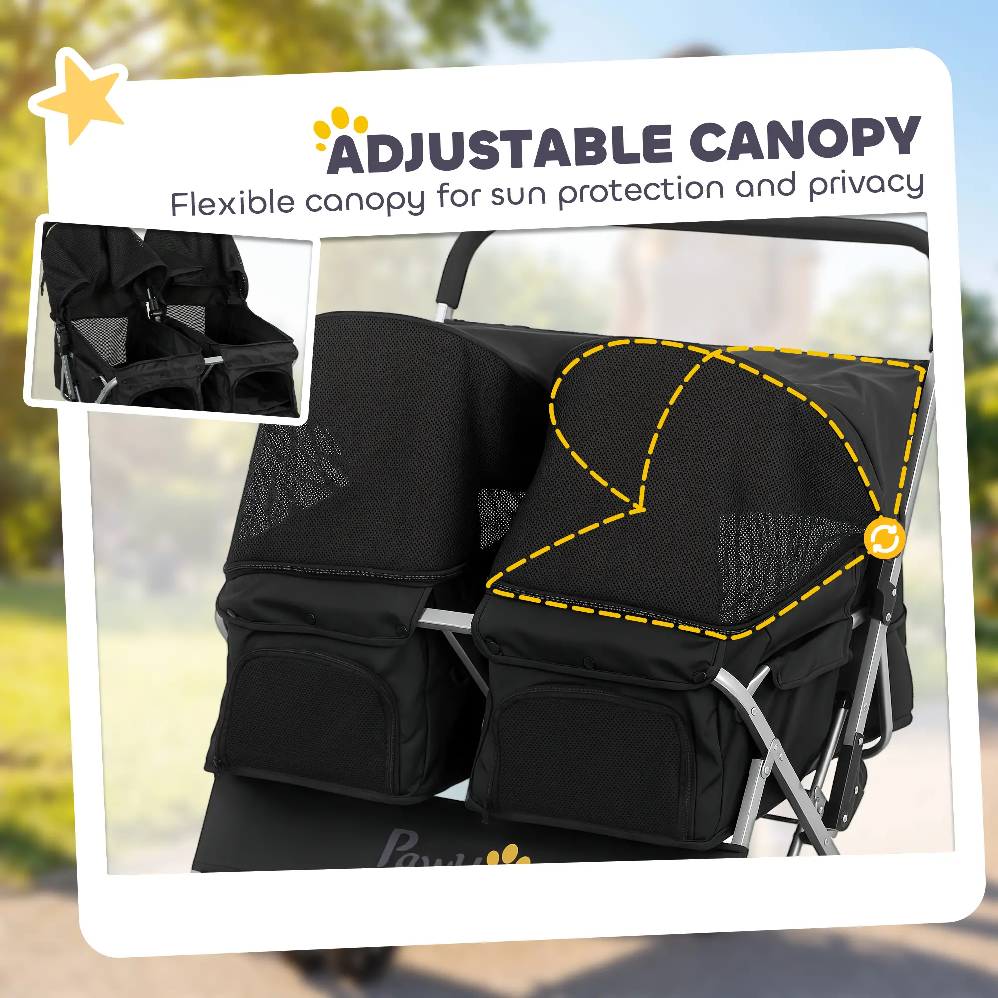 Double Pet Stroller, Foldable Dog Stroller with 2-Seater Carrier, Sunshade, Removable Pad, Safety Belt, Storage Basket - Image 7