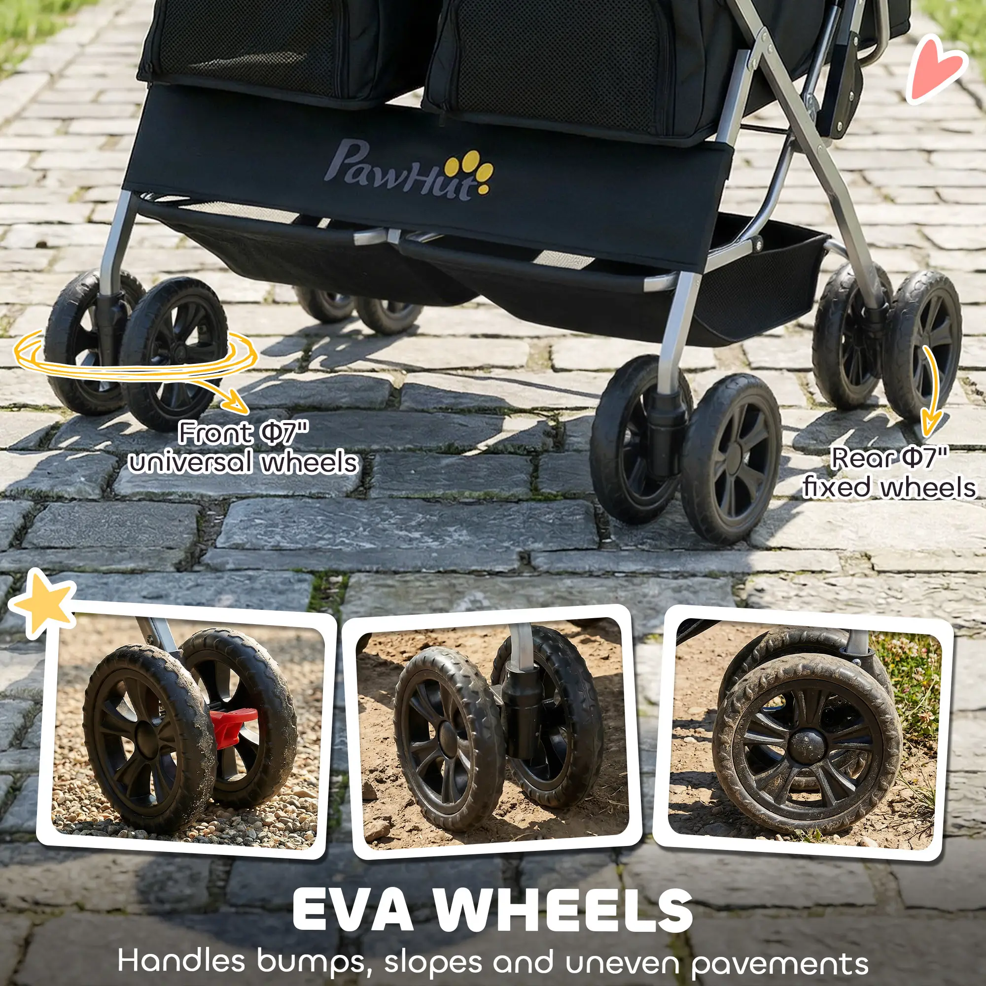 Double Pet Stroller, Foldable Dog Stroller with 2-Seater Carrier, Sunshade, Removable Pad, Safety Belt, Storage Basket - Image 9