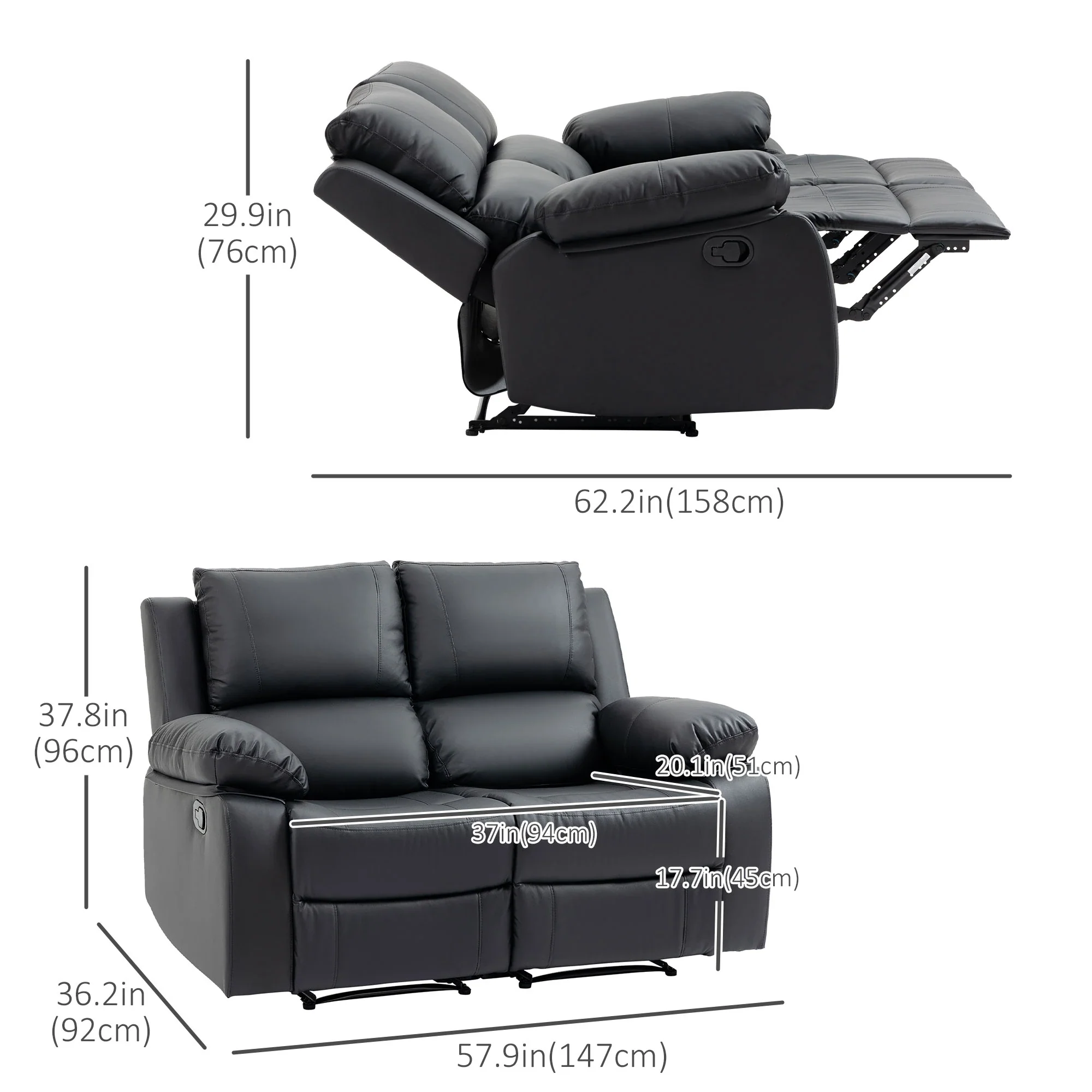 Double Reclining Loveseat, PU Leather Manual Recliner, Black - Image 3