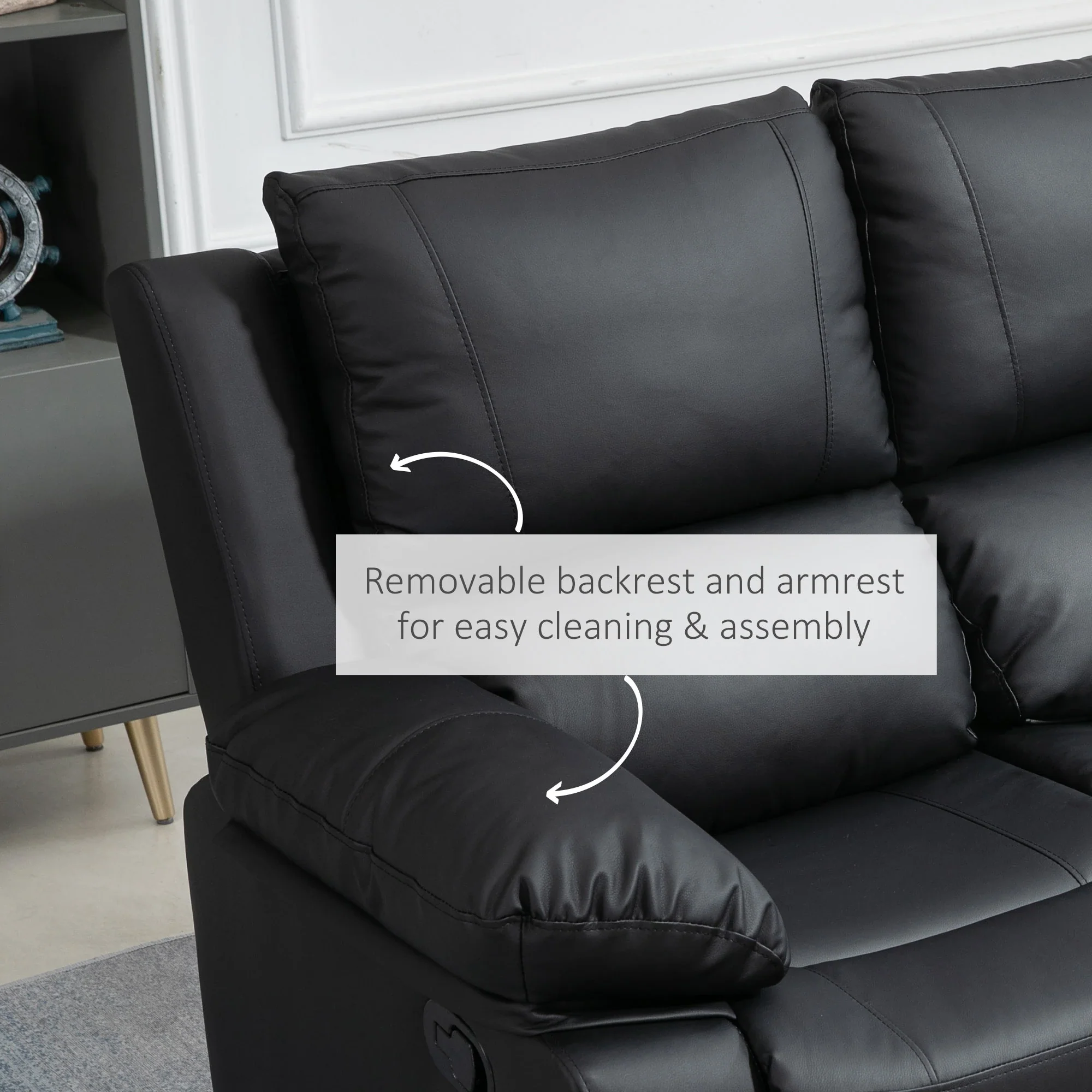Double Reclining Loveseat, PU Leather Manual Recliner, Black - Image 4