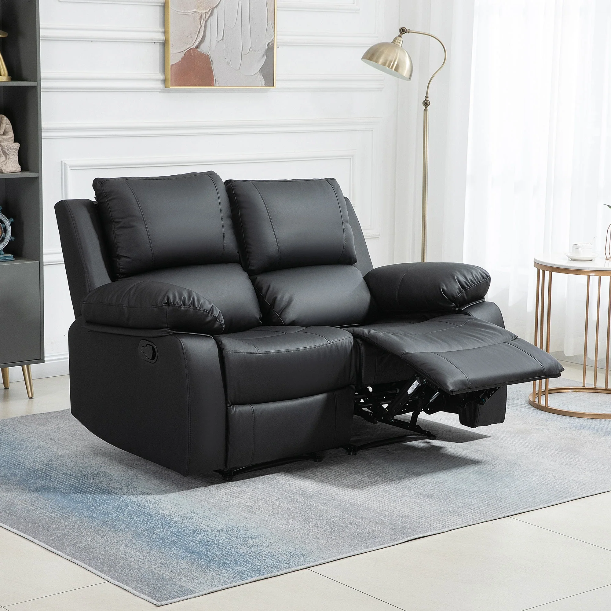 Double Reclining Loveseat, PU Leather Manual Recliner, Black - Image 6