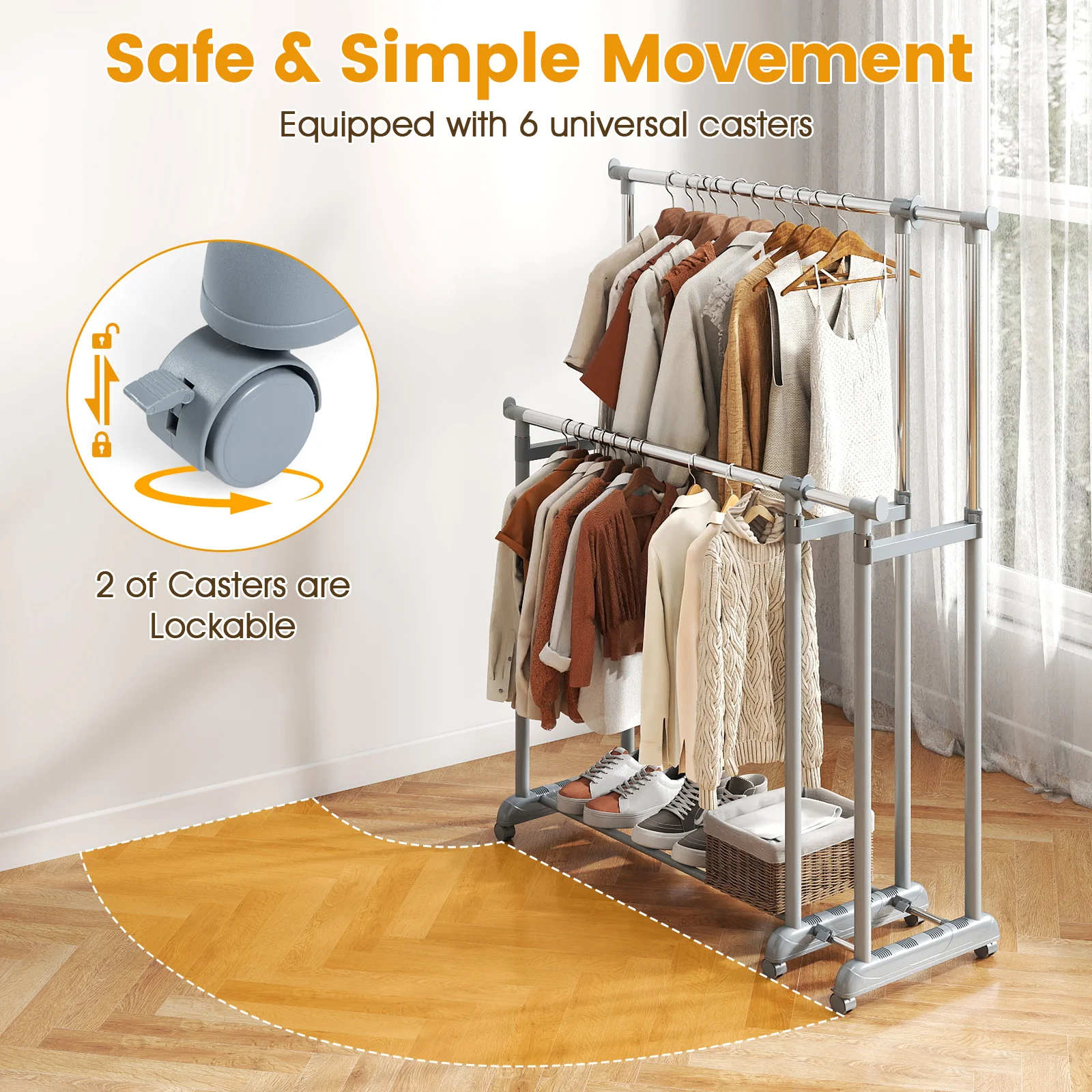 Double Rod Clothes Rack, Heavy-Duty Metal, Silver - Image 10
