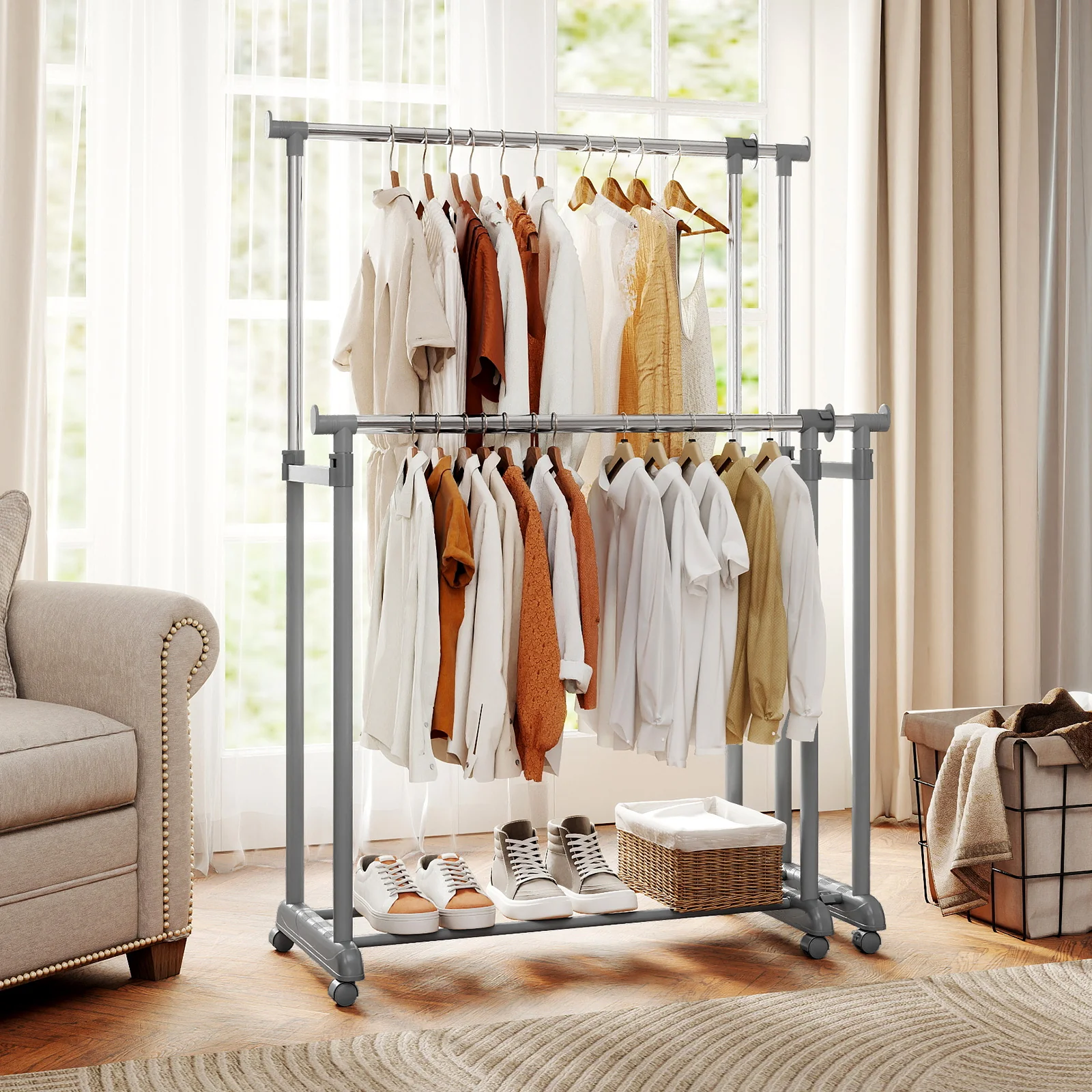Double Rod Clothes Rack, Heavy-Duty Metal, Silver - Image 2