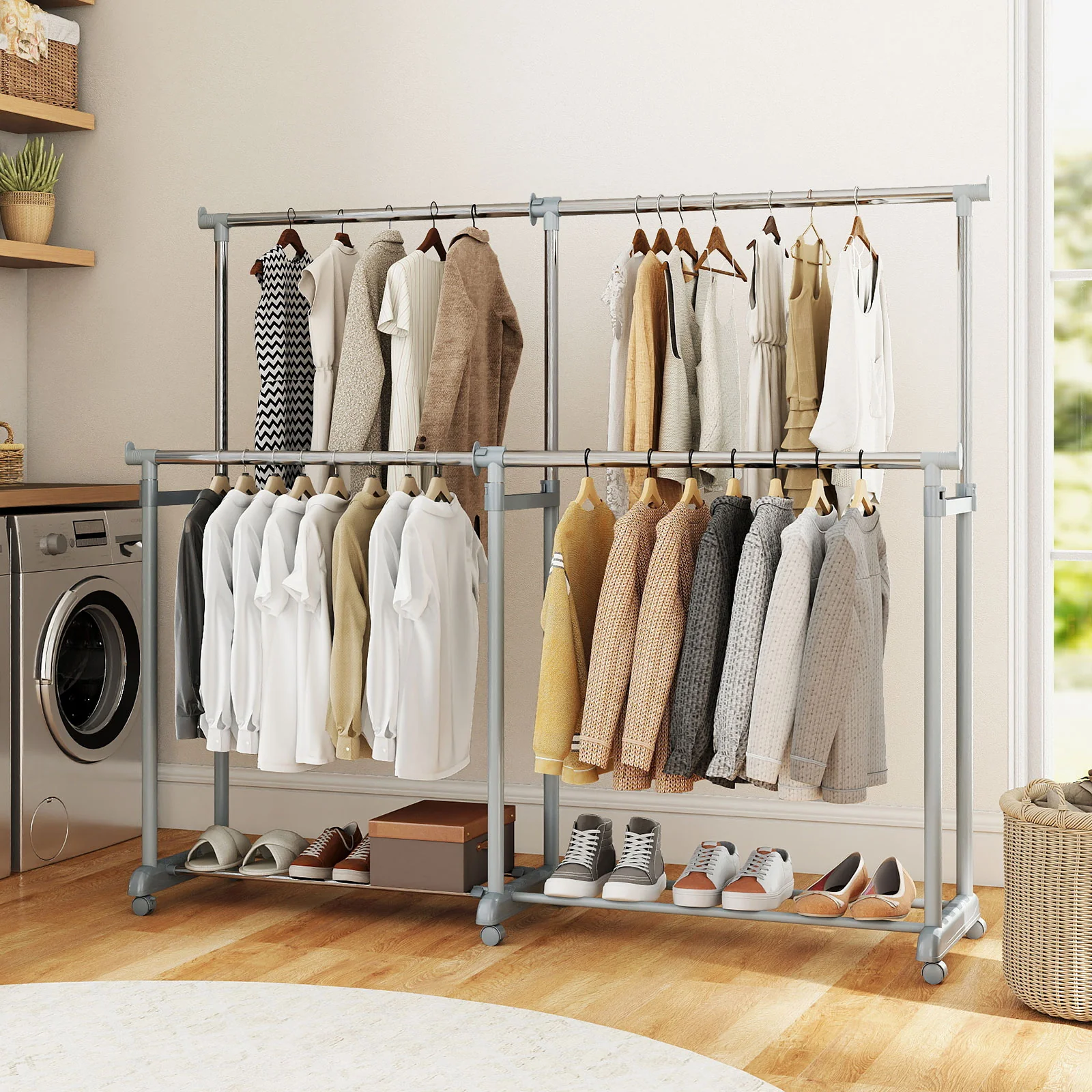 Double Rod Clothes Rack, Heavy-Duty Metal, Silver - Image 3