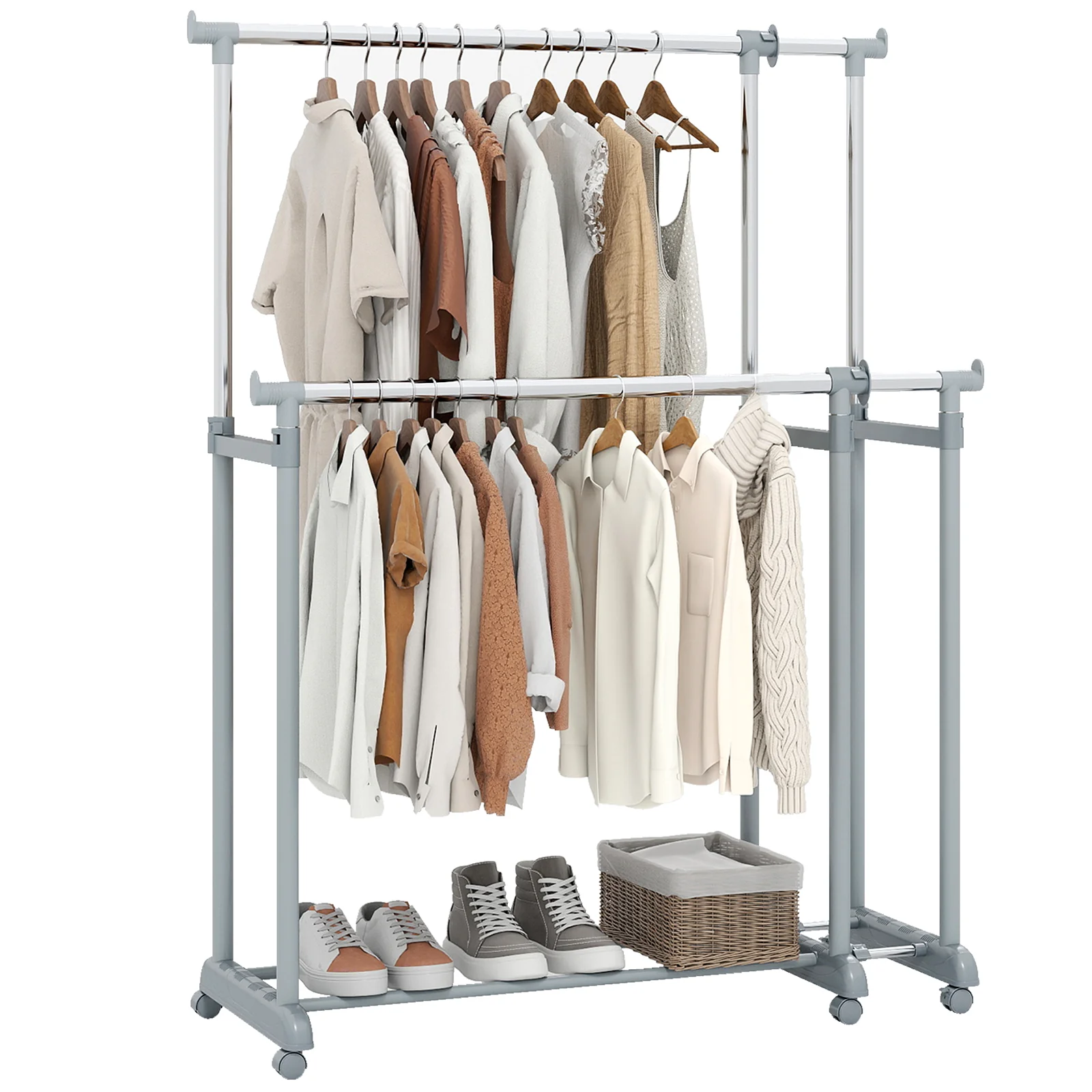Double Rod Clothes Rack, Heavy-Duty Metal, Silver - Image 4