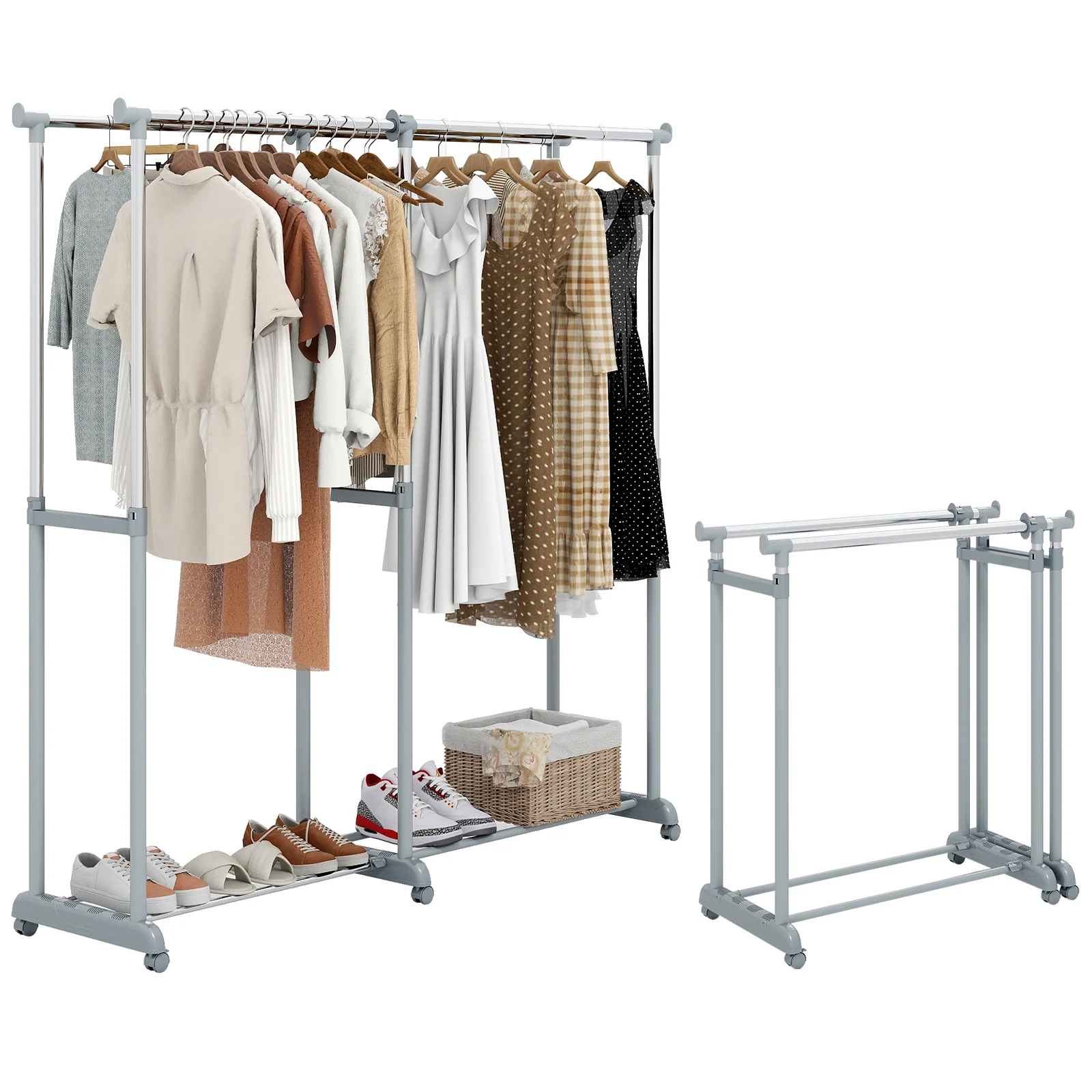 Double Rod Clothes Rack, Heavy-Duty Metal, Silver - Image 5