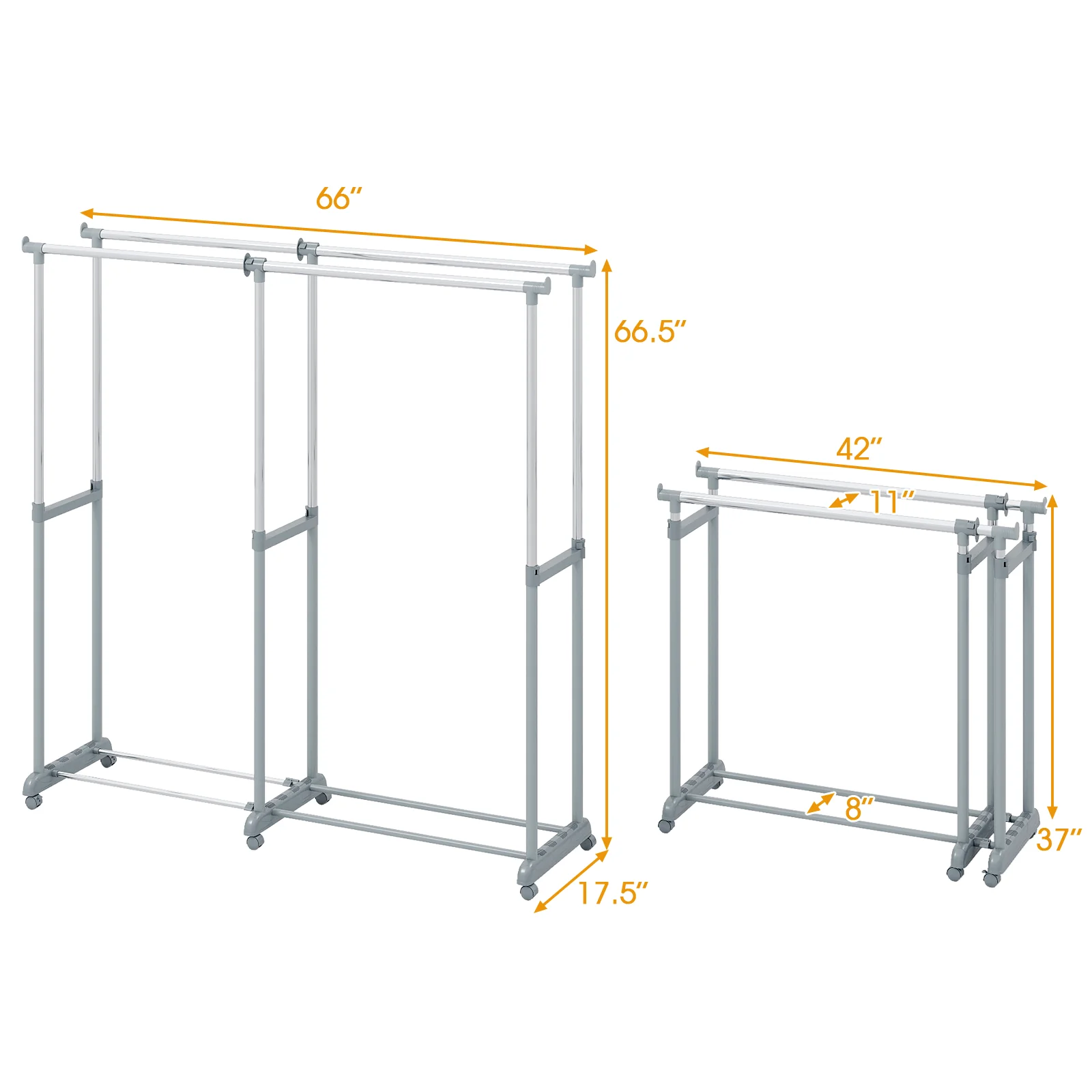 Double Rod Clothes Rack, Heavy-Duty Metal, Silver - Image 6
