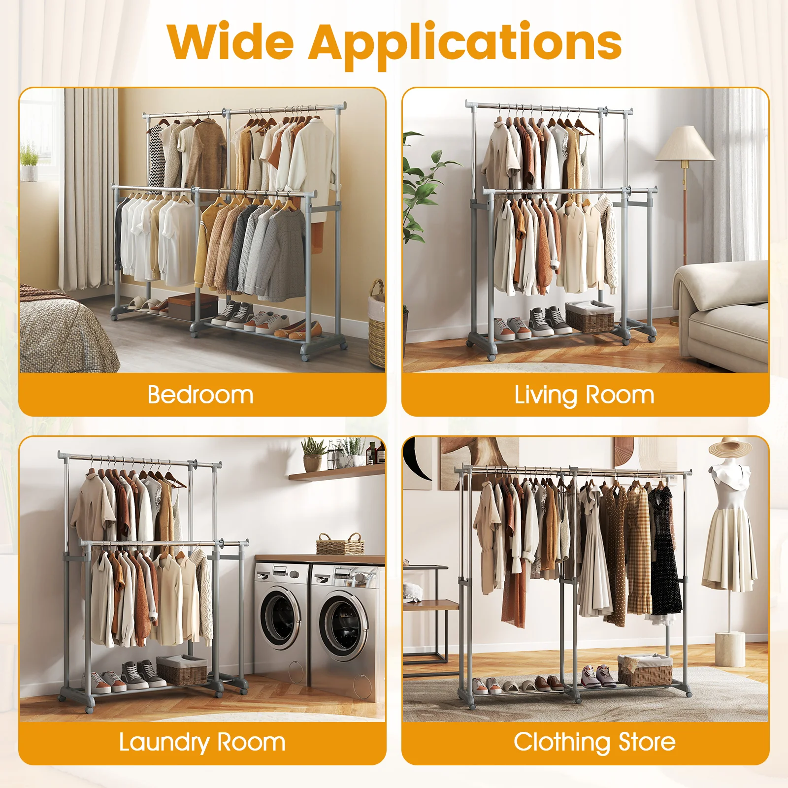 Double Rod Clothes Rack, Heavy-Duty Metal, Silver - Image 7