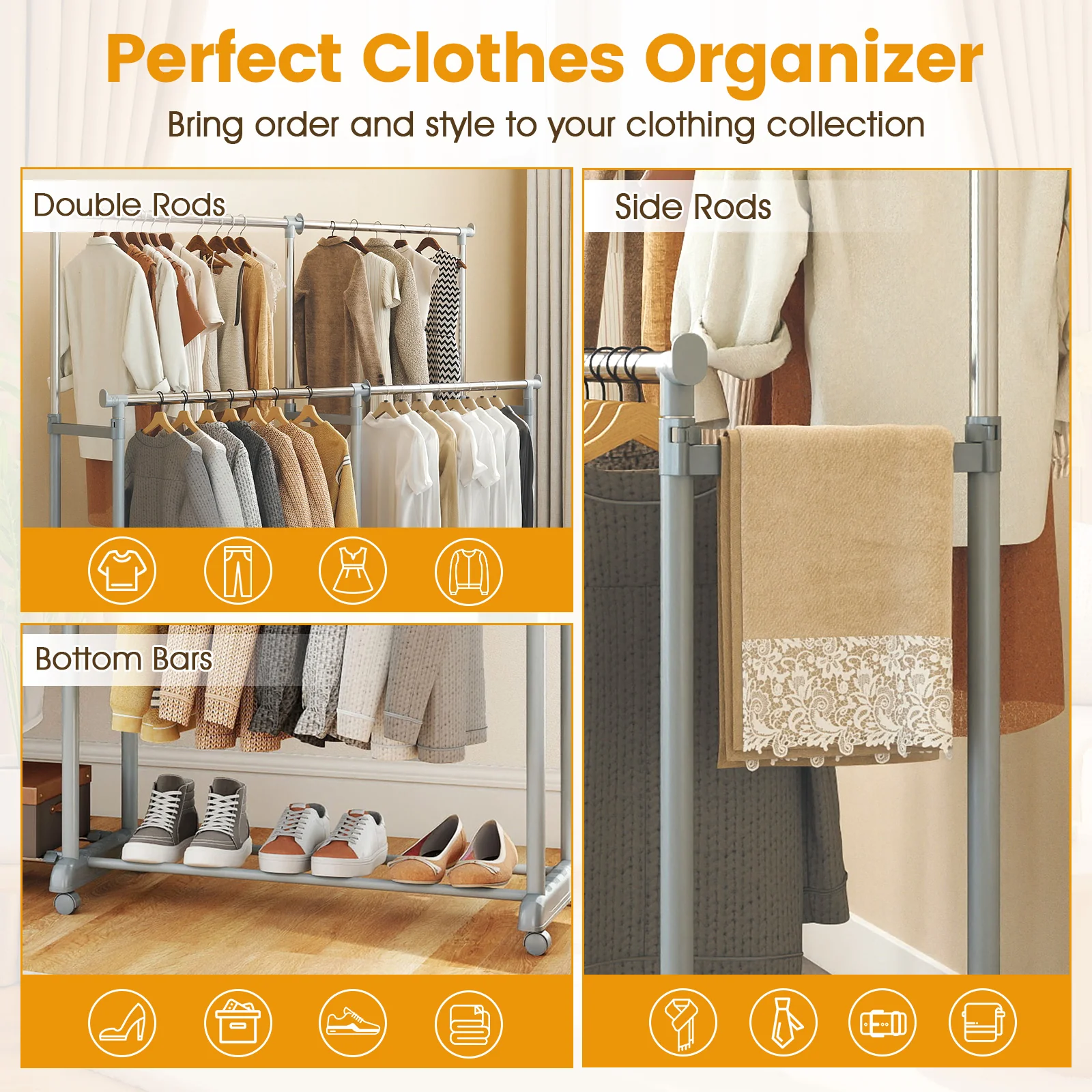 Double Rod Clothes Rack, Heavy-Duty Metal, Silver - Image 8