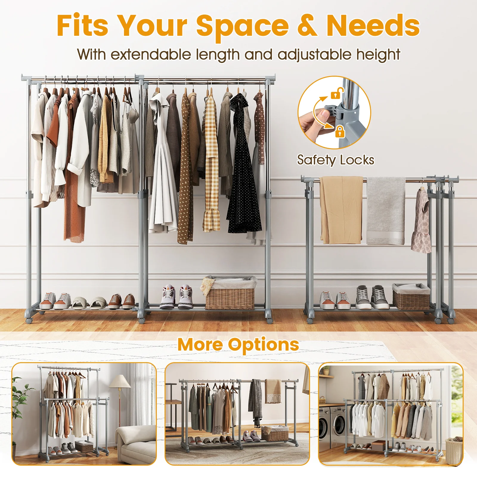 Double Rod Clothes Rack, Heavy-Duty Metal, Silver - Image 9