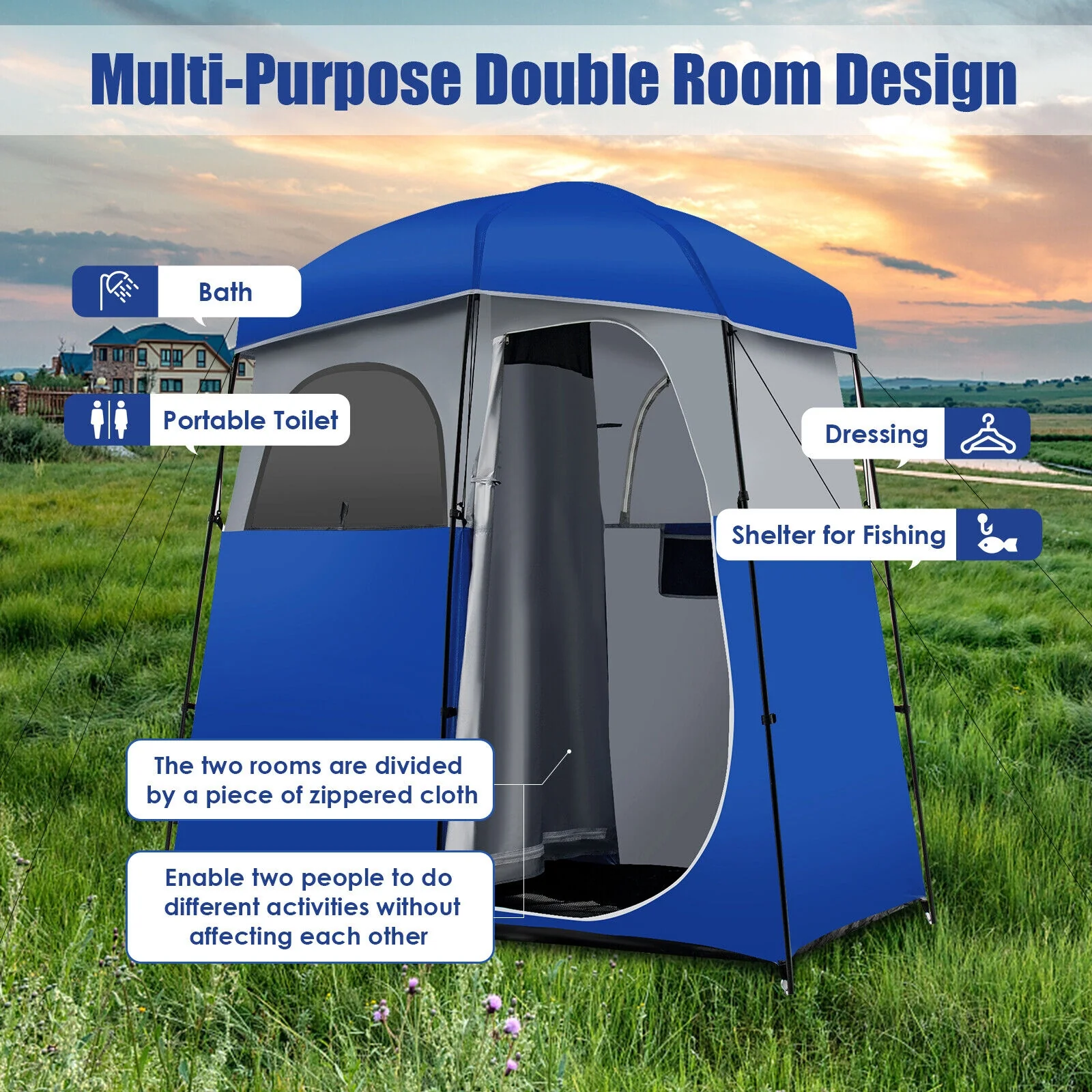 Double Room Camping Toilet Tent, Floor, Portable Storage Bag, Blue - Image 10