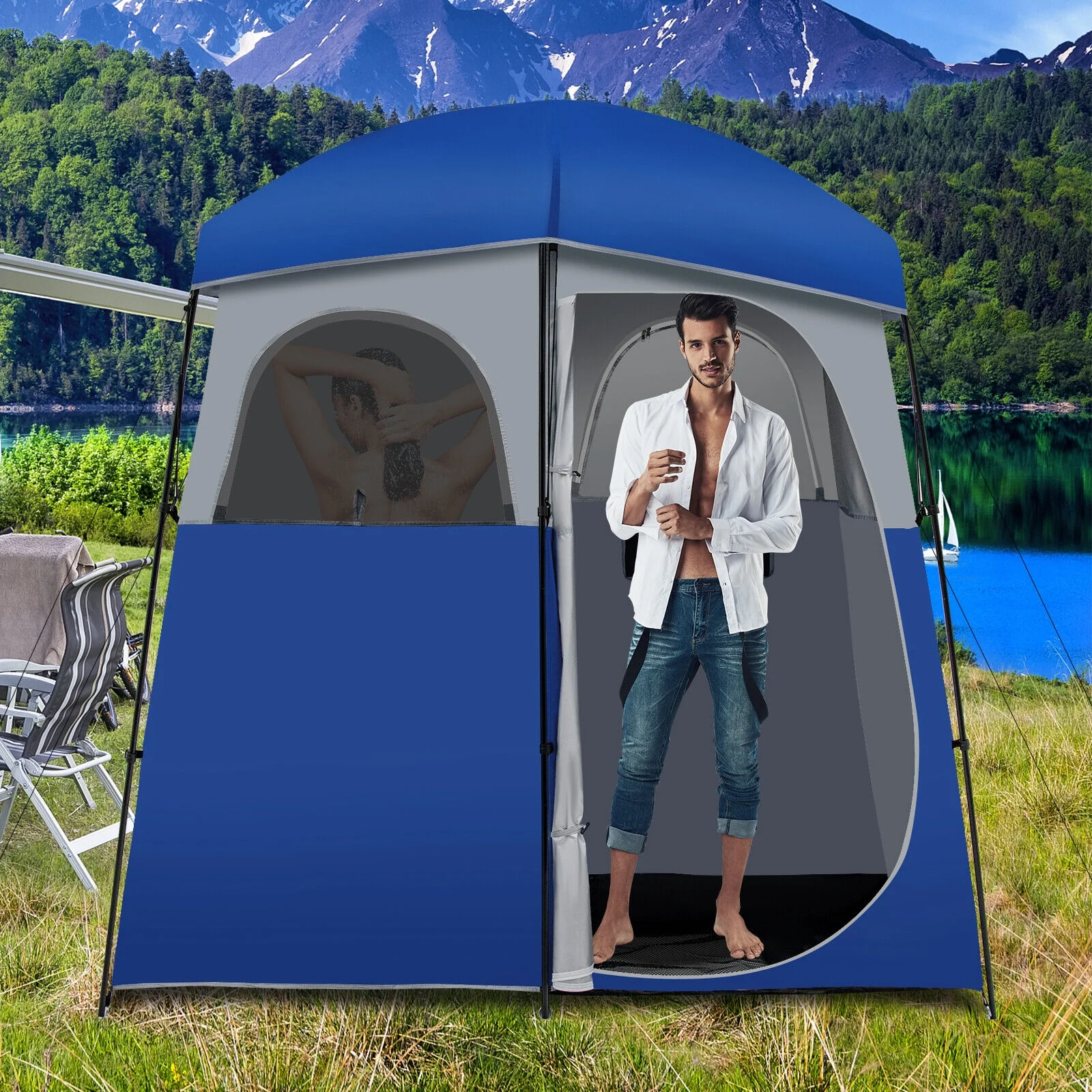 Double Room Camping Toilet Tent, Floor, Portable Storage Bag, Blue - Image 2