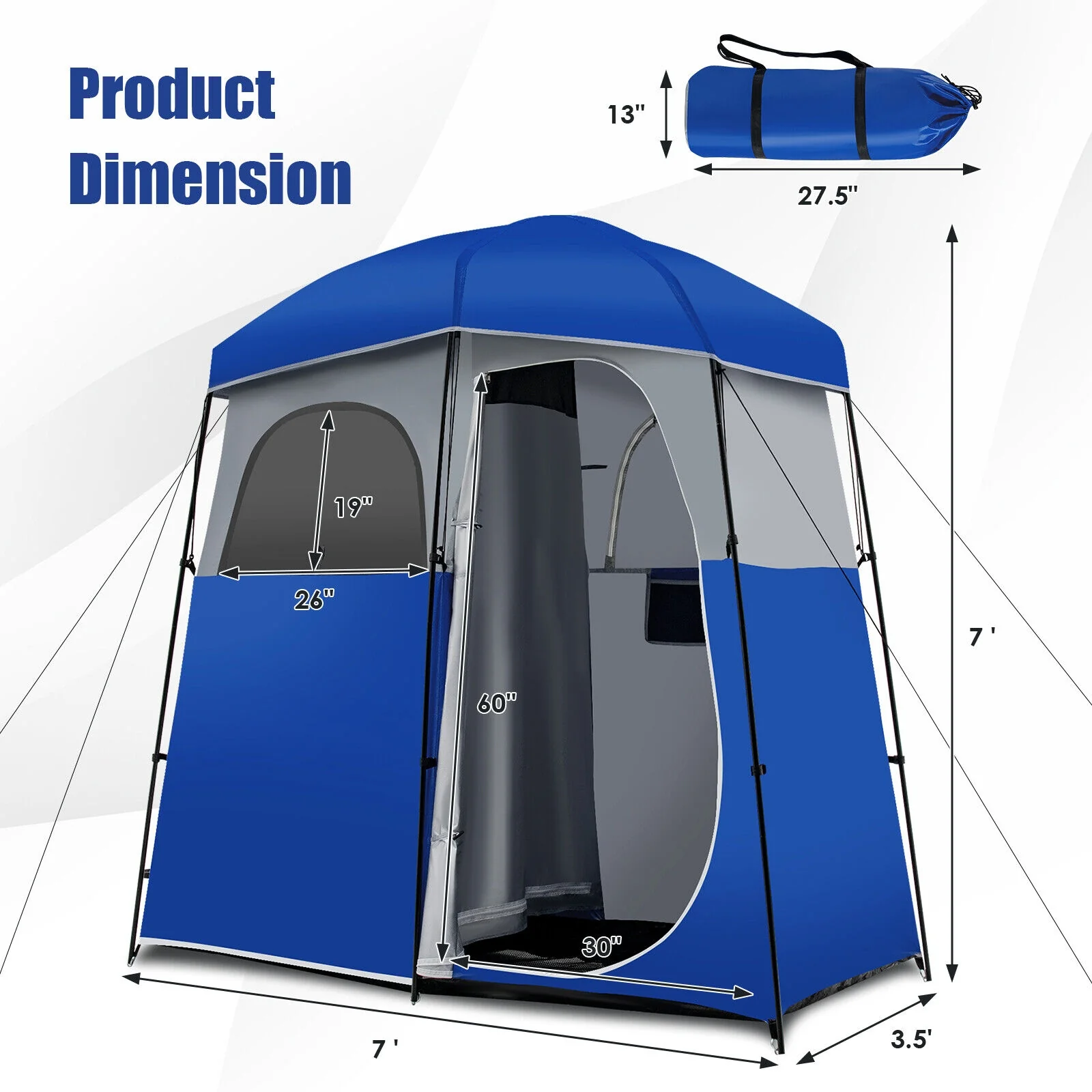 Double Room Camping Toilet Tent, Floor, Portable Storage Bag, Blue - Image 5