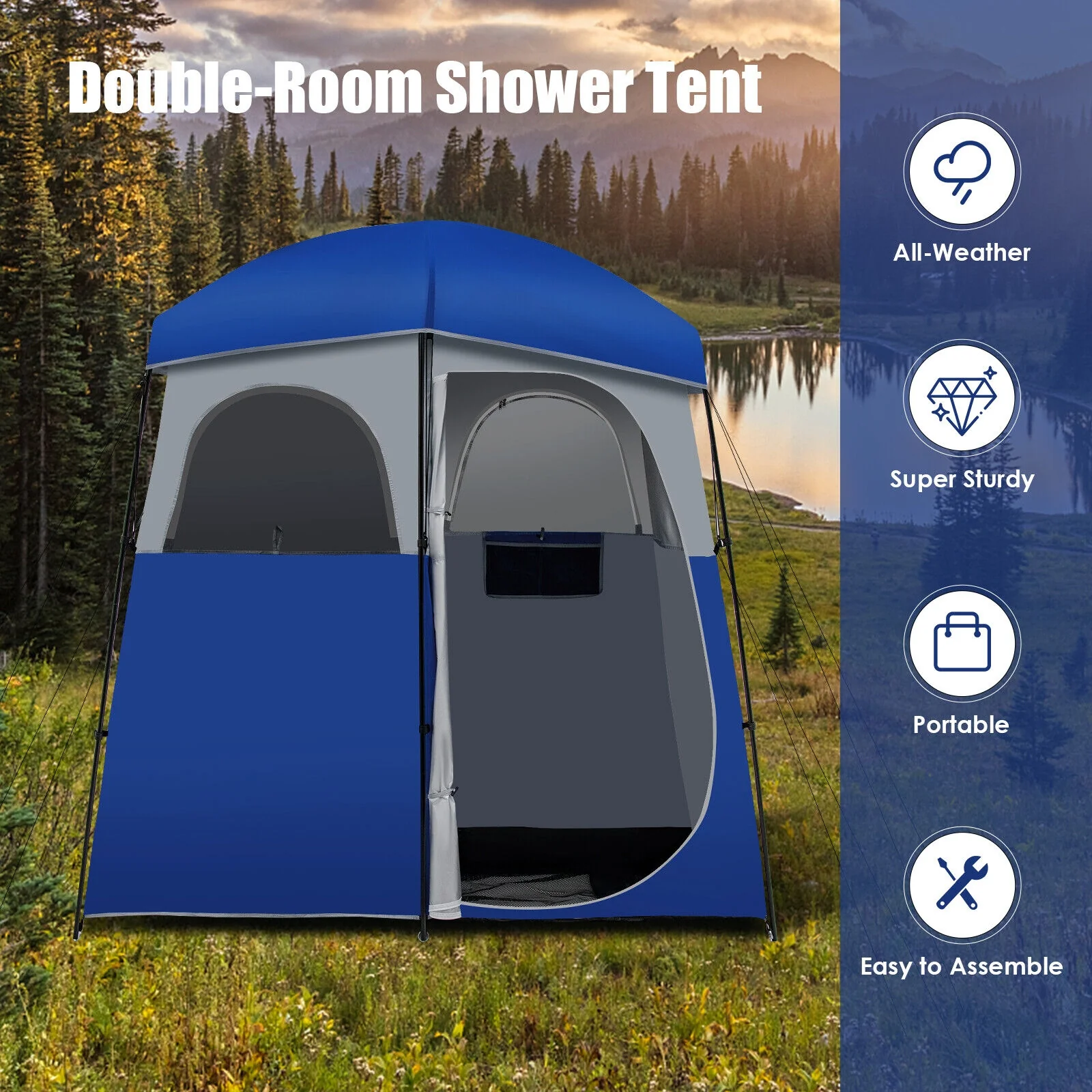 Double Room Camping Toilet Tent, Floor, Portable Storage Bag, Blue - Image 6