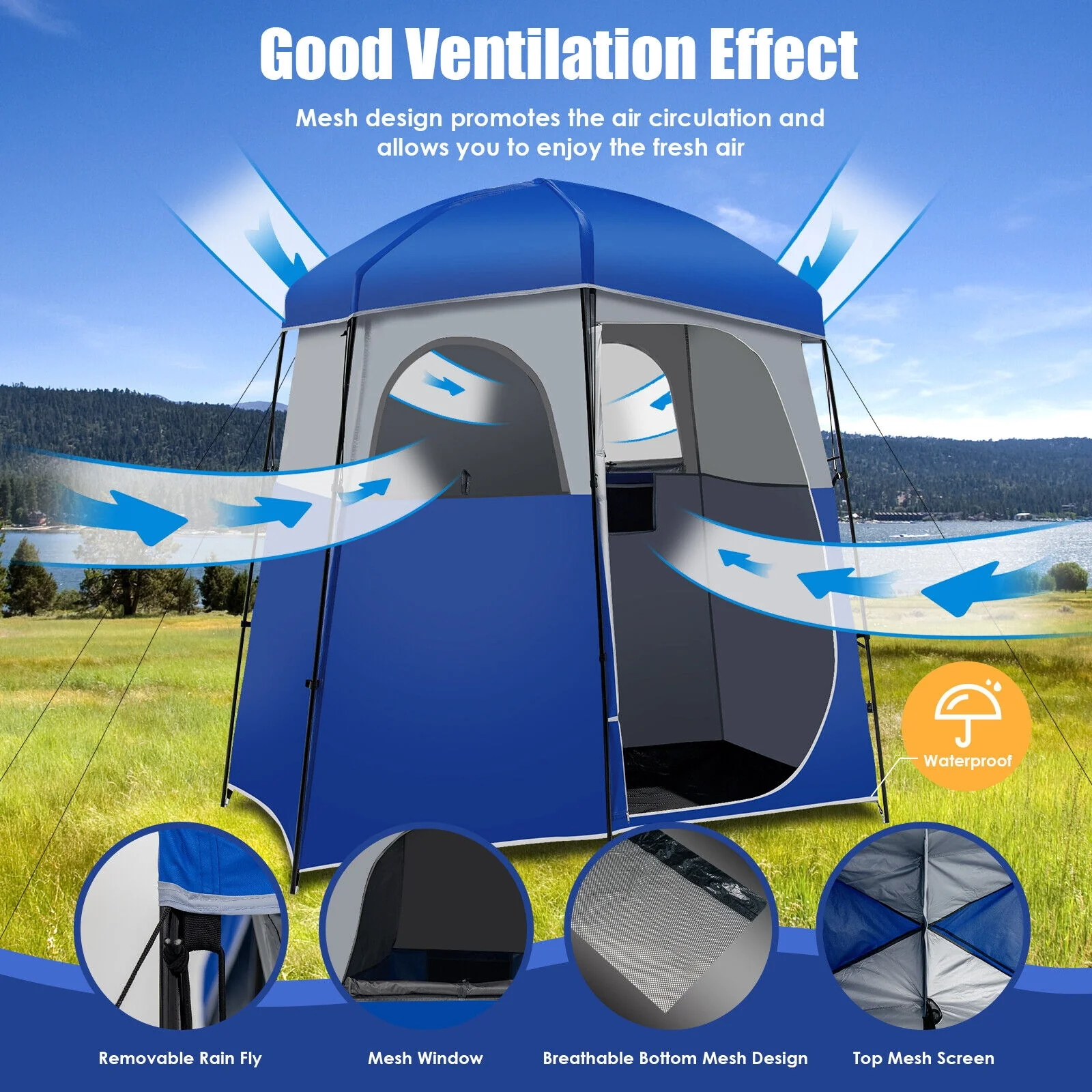 Double Room Camping Toilet Tent, Floor, Portable Storage Bag, Blue - Image 7