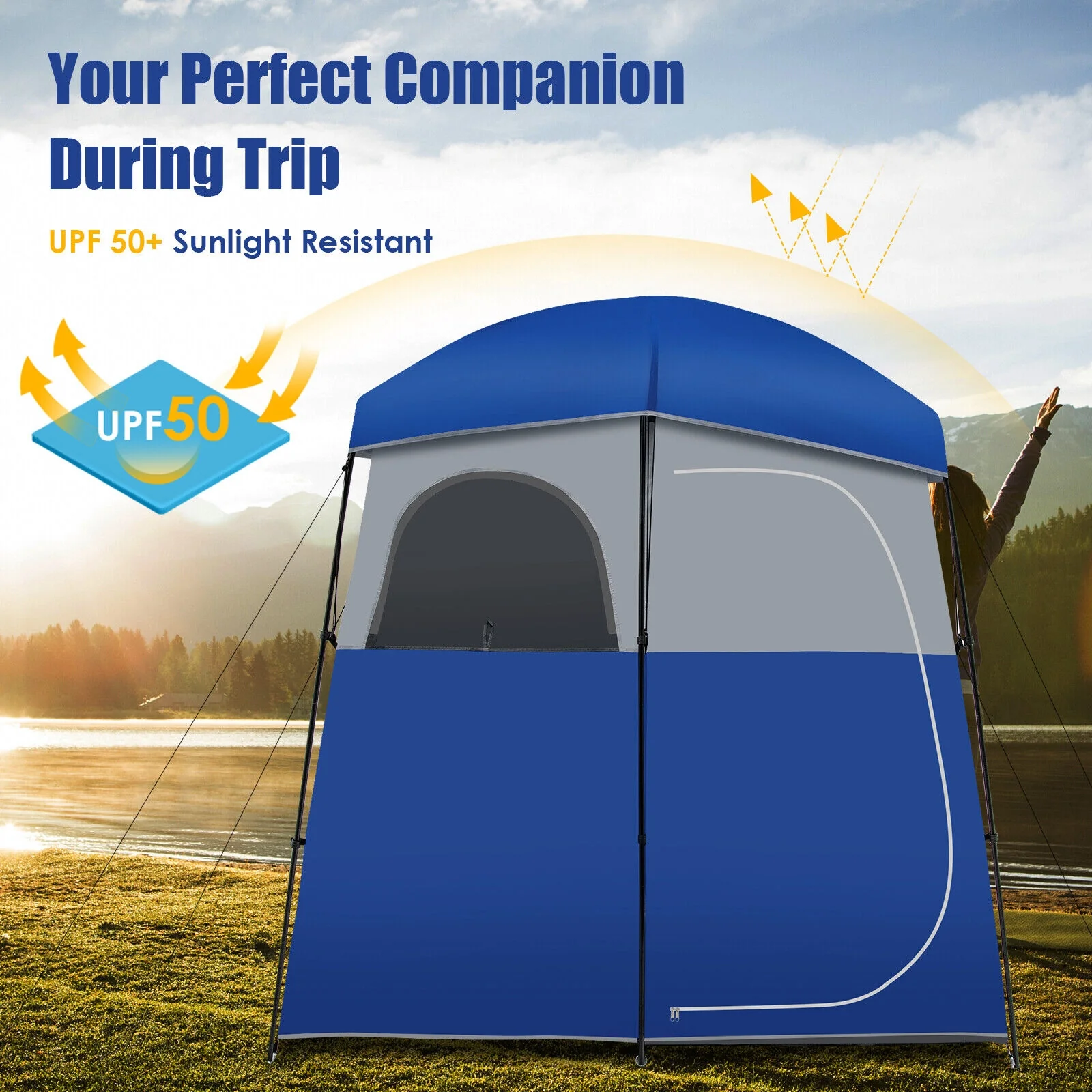 Double Room Camping Toilet Tent, Floor, Portable Storage Bag, Blue - Image 8