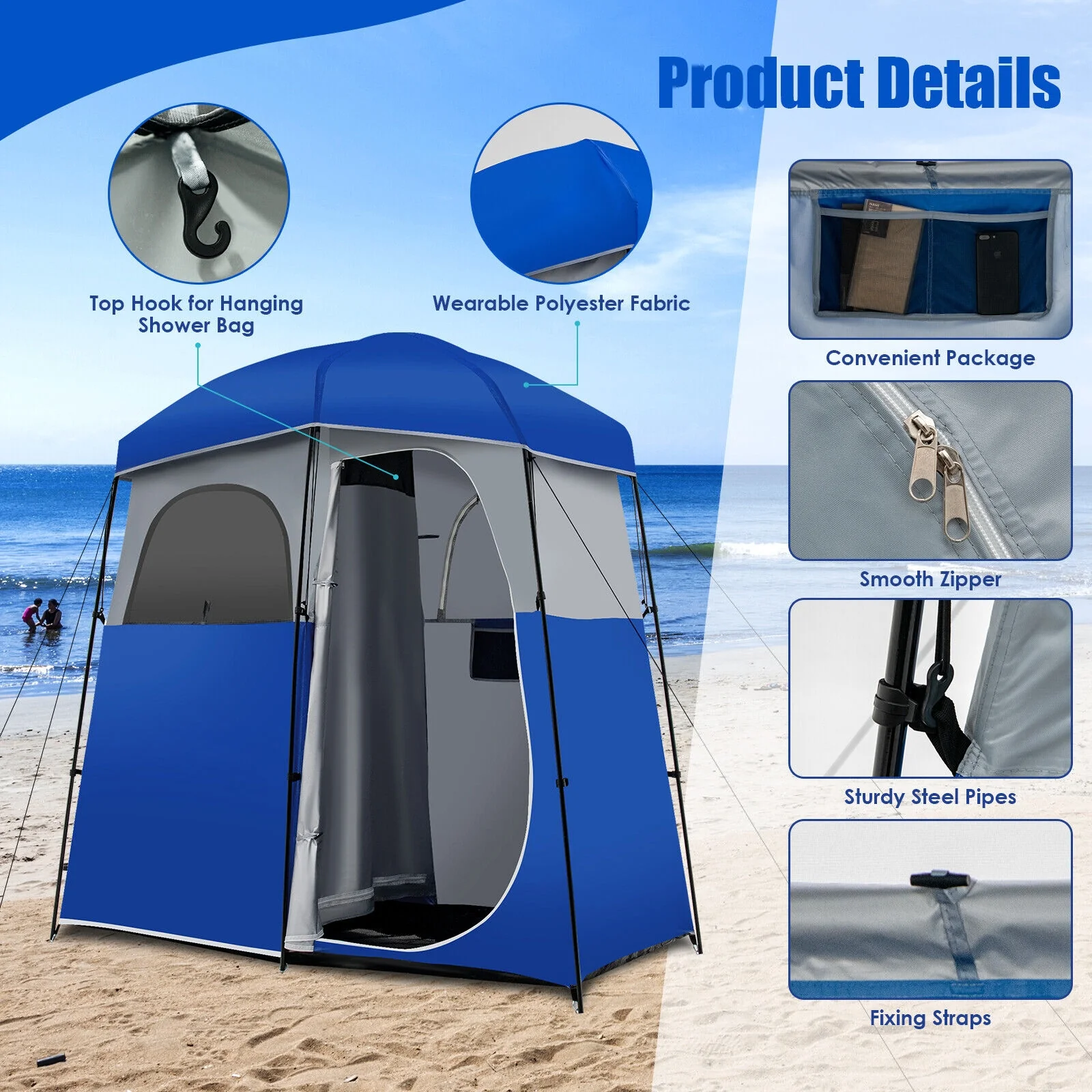 Double Room Camping Toilet Tent, Floor, Portable Storage Bag, Blue - Image 9