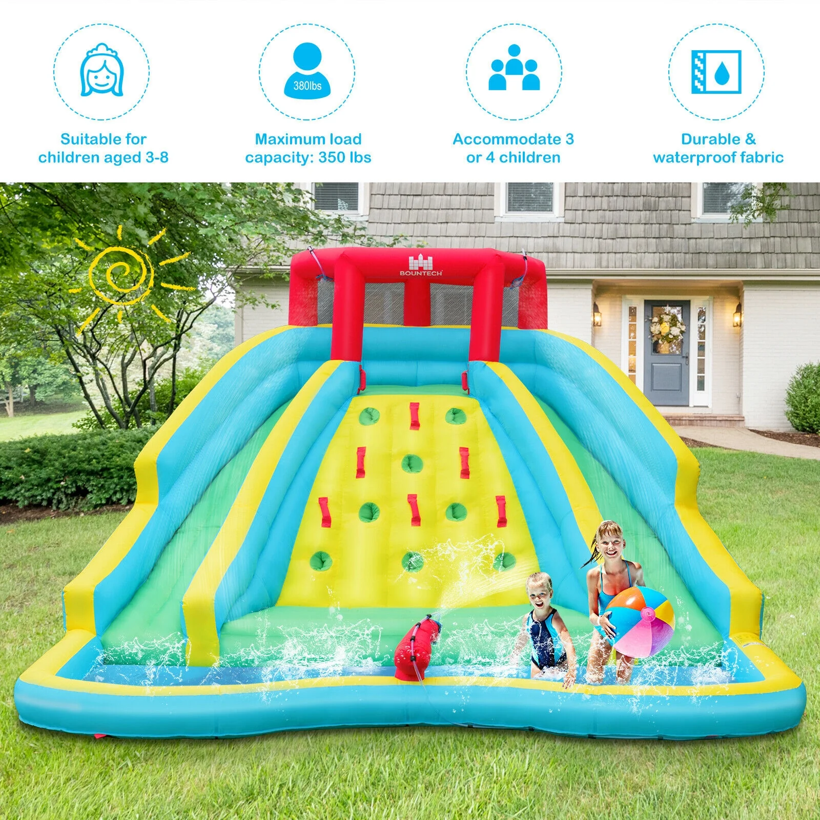 Double Side Inflatable Water Slide Park With Climbing Wall, Blue - Image 7