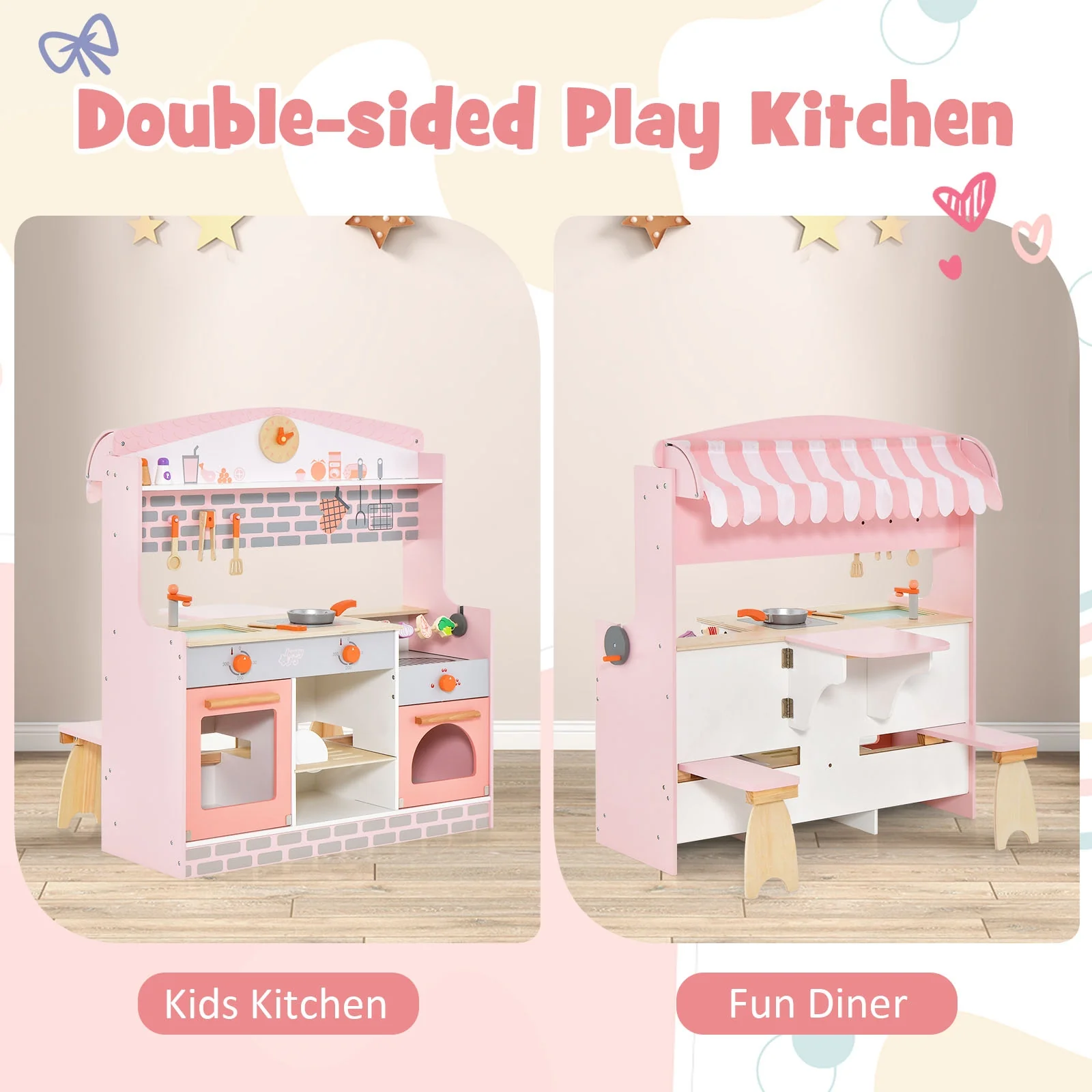 Double-Sided Kids Play Kitchen Set, Pink - Image 7
