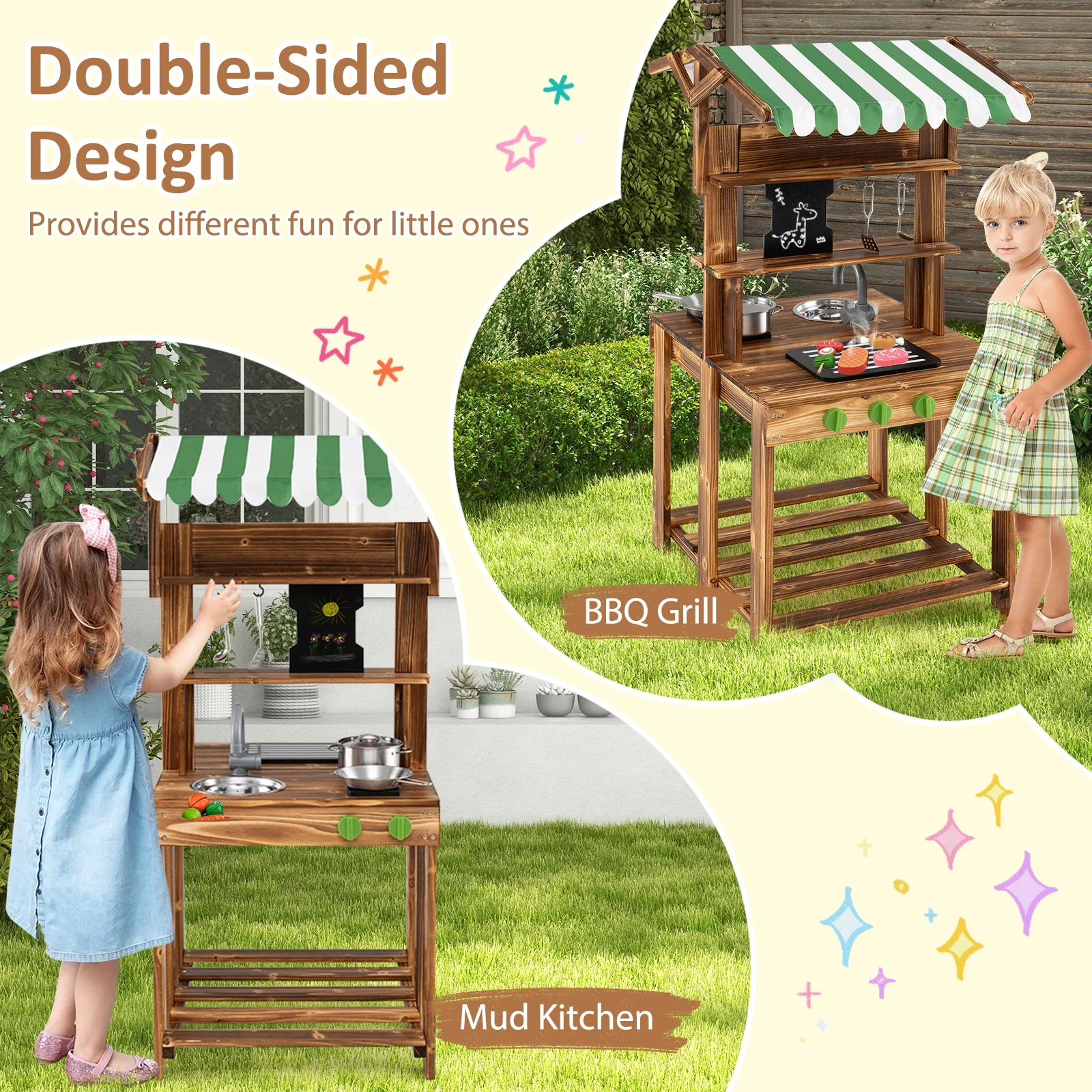 Double-Sided Mud Kitchen With Canopy And Chalkboard, Natural - Image 7