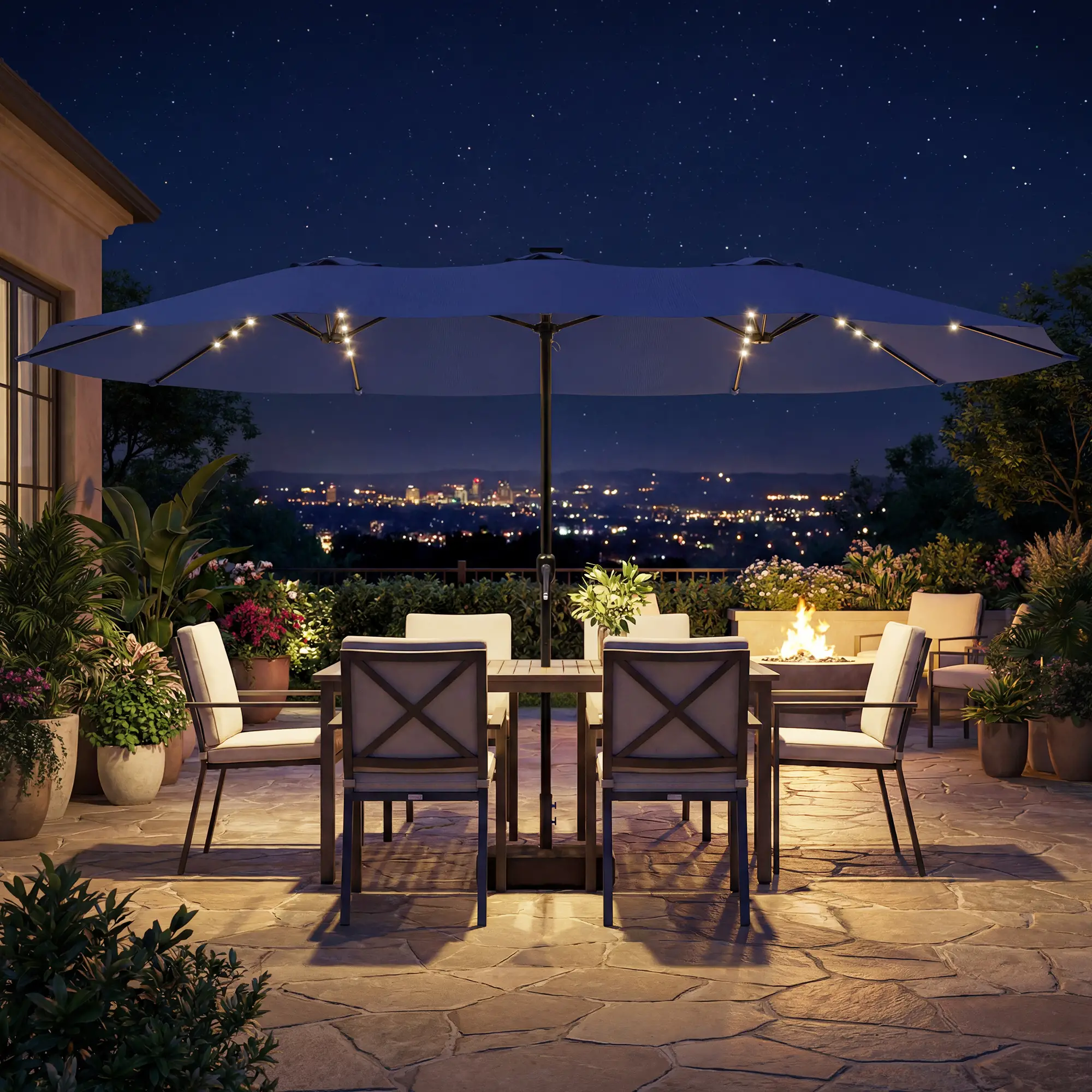 Double-Sided Patio Umbrella, 15ft, 48 LED Lights, Base Included, Dark Blue - Image 10