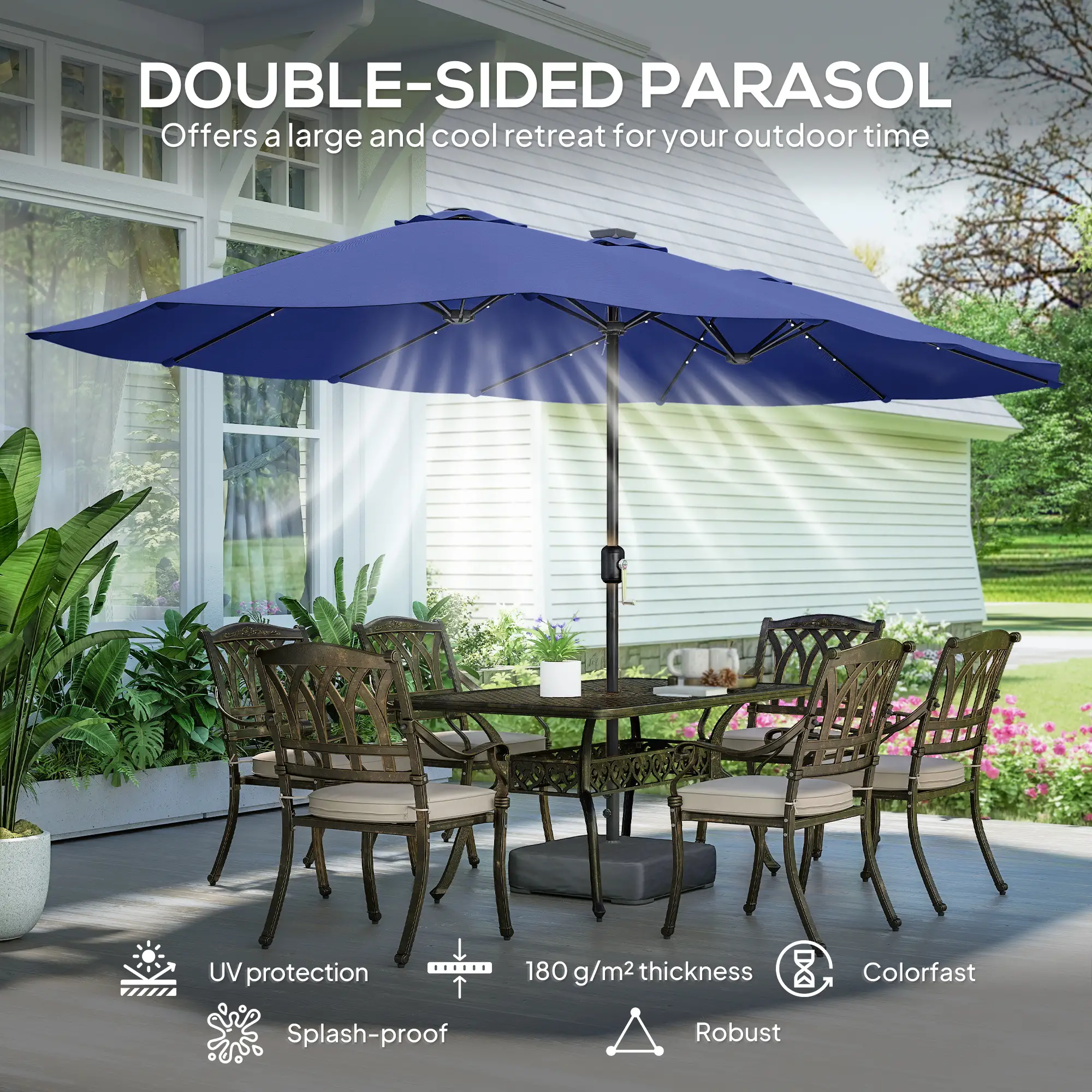 Double-Sided Patio Umbrella, 15ft, 48 LED Lights, Base Included, Dark Blue - Image 4