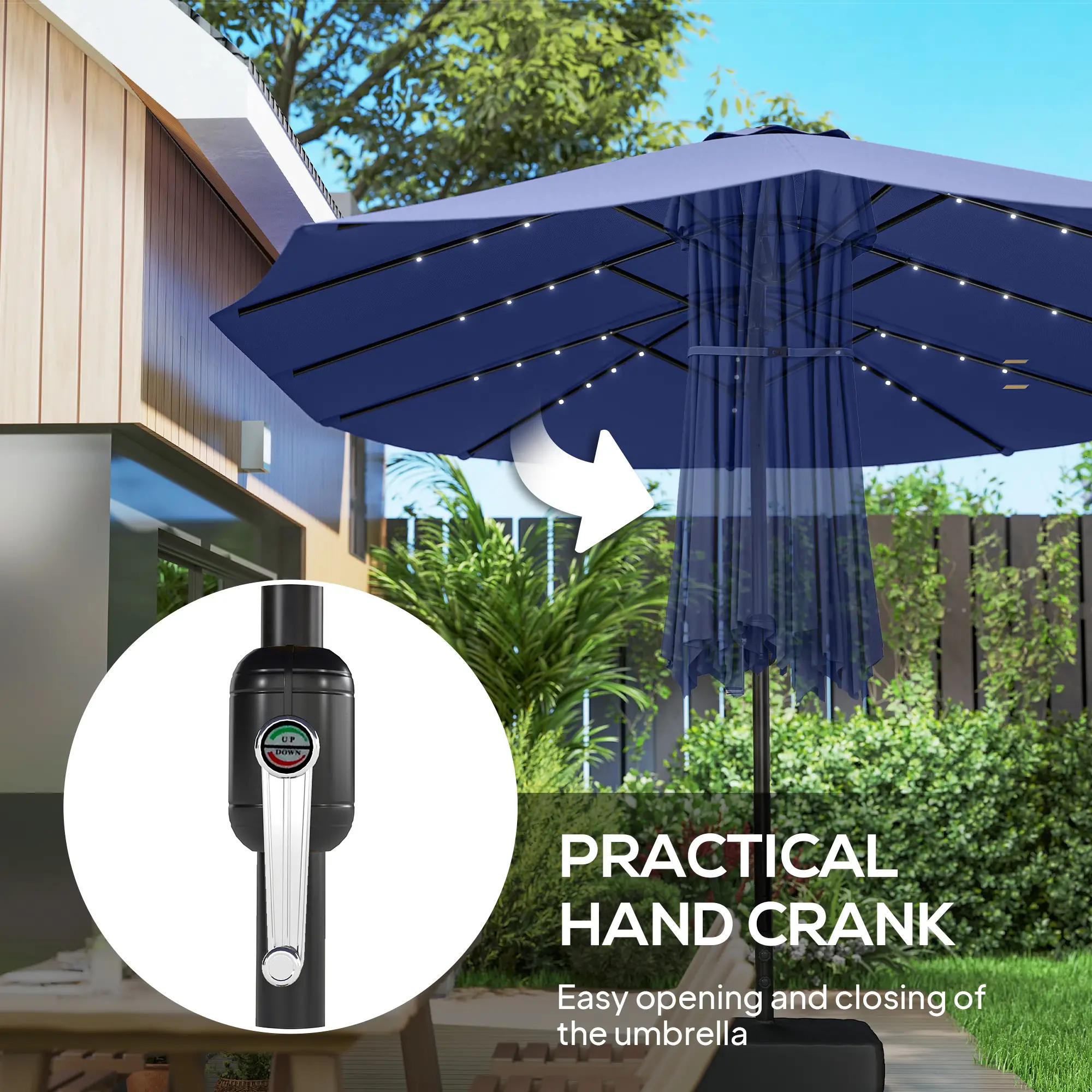 Double-Sided Patio Umbrella, 15ft, 48 LED Lights, Base Included, Dark Blue - Image 6