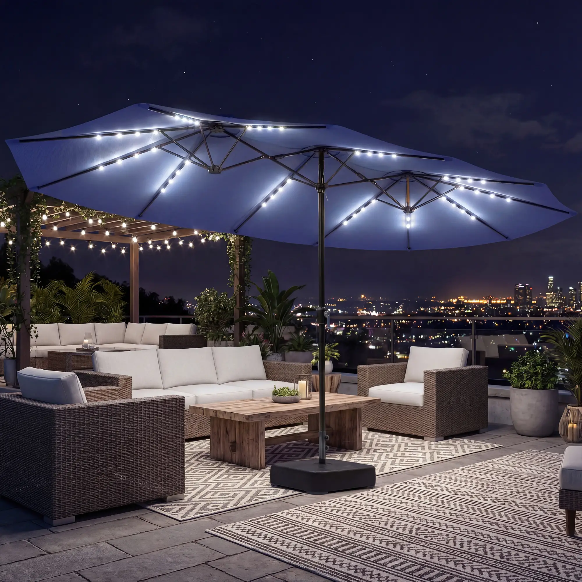 Double-Sided Patio Umbrella, 15ft, 48 LED Lights, Base Included, Dark Blue - Image 8