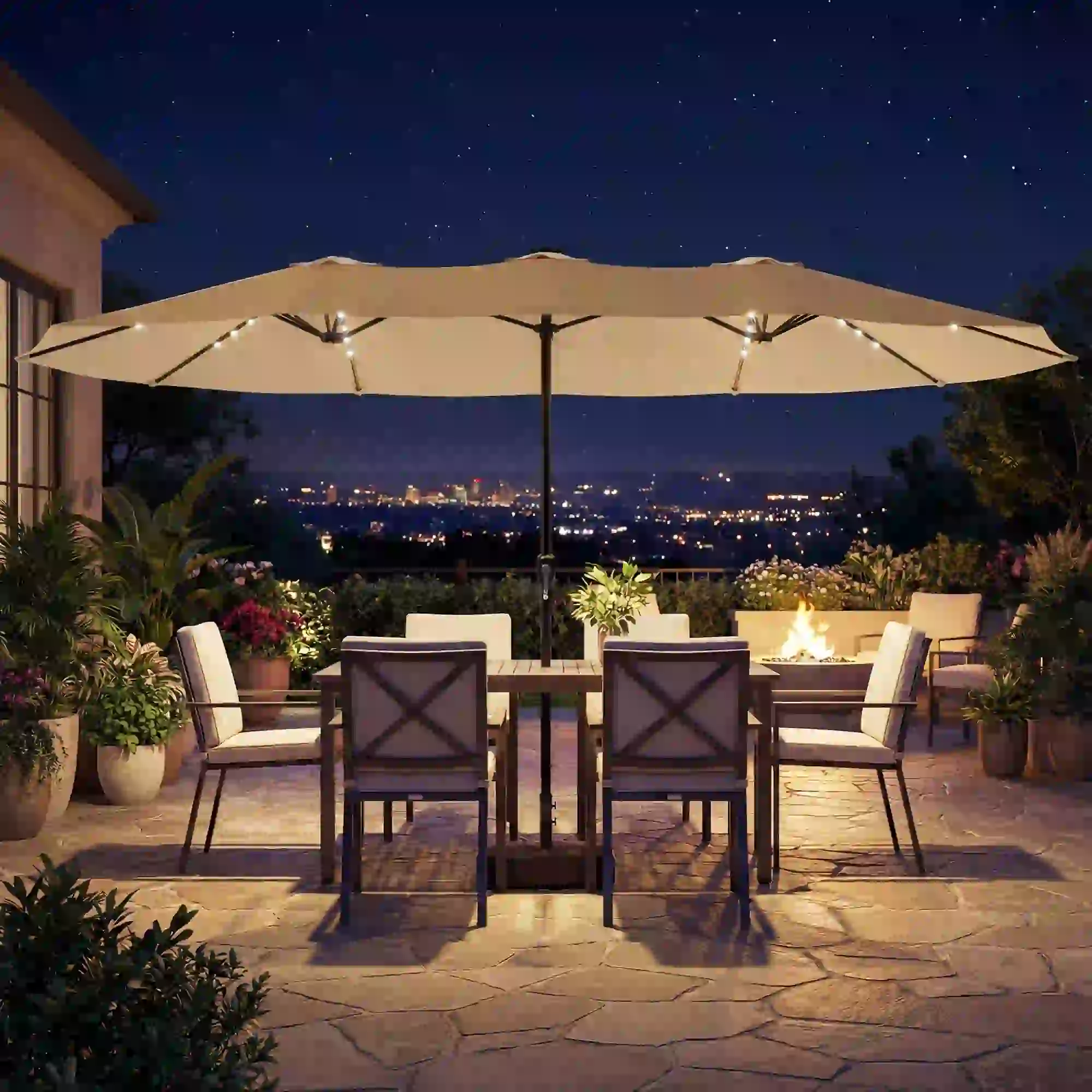 Double Sided Patio Umbrella, 15ft, LED Lights, Base Included, Khaki - Image 10