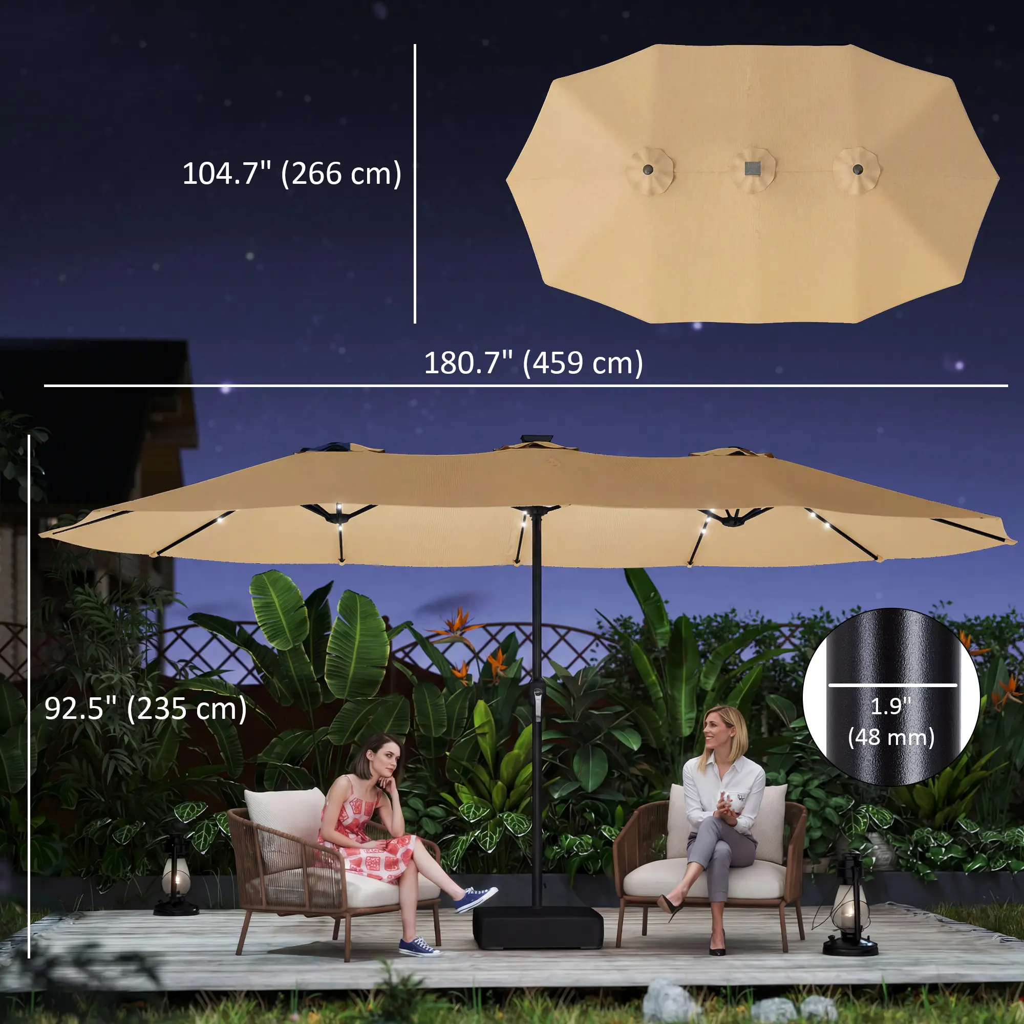 Double Sided Patio Umbrella, 15ft, LED Lights, Base Included, Khaki - Image 3