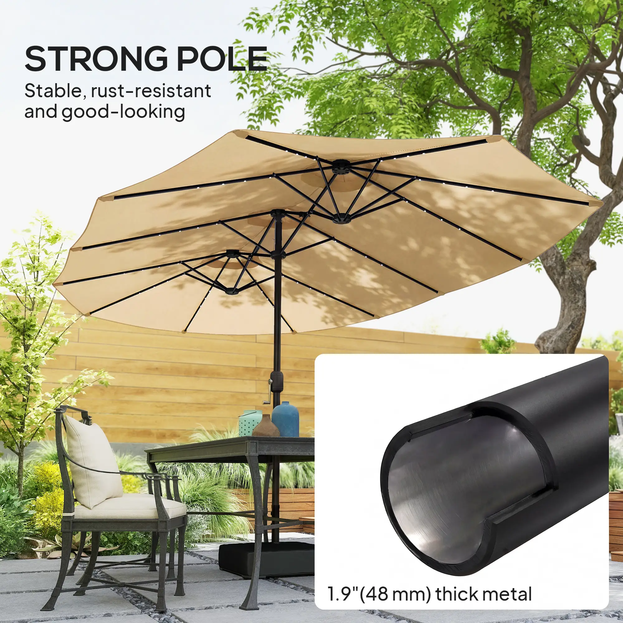 Double Sided Patio Umbrella, 15ft, LED Lights, Base Included, Khaki - Image 7