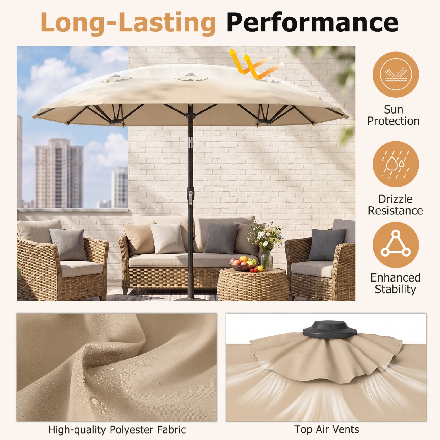Double-Sided Patio Umbrella, Push Button Tilt, Beige - Image 7