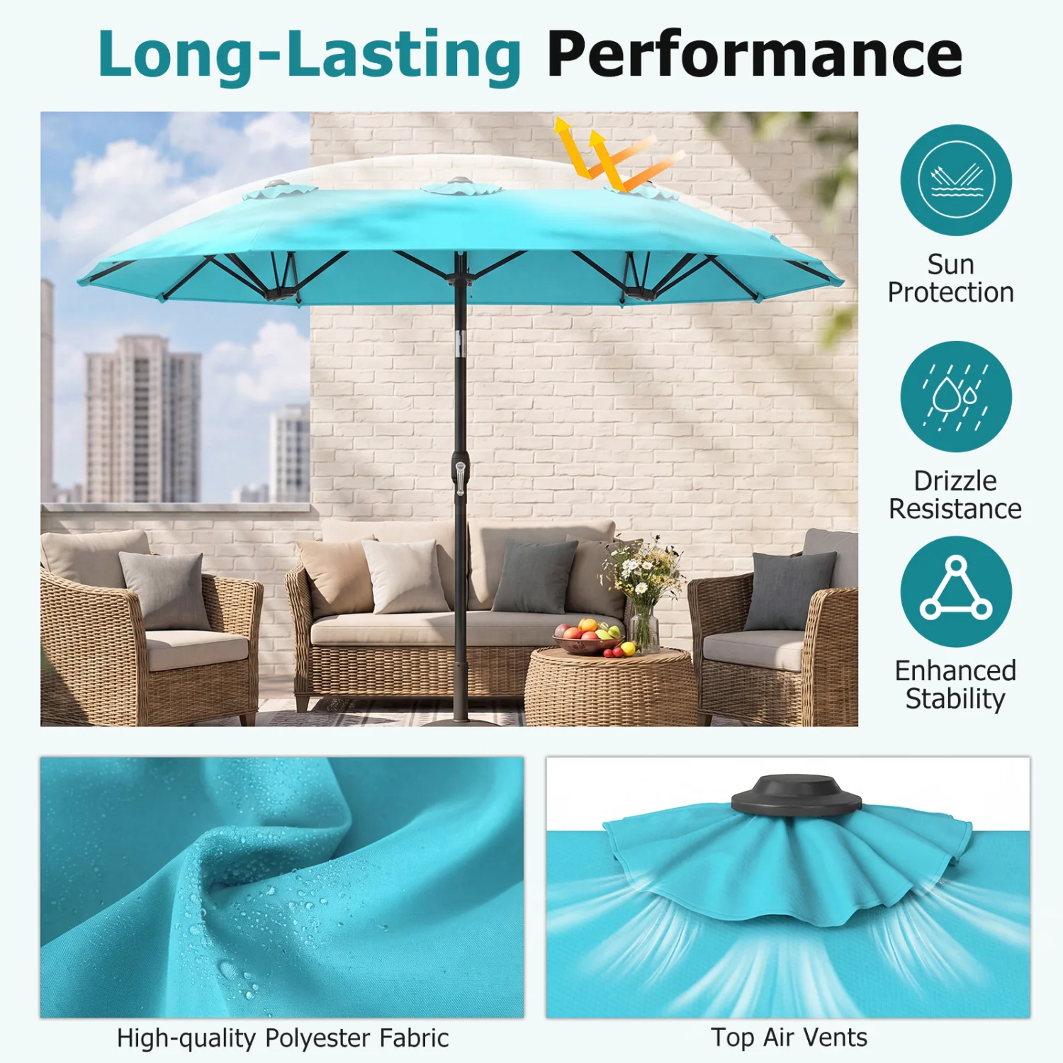 Double-Sided Patio Umbrella, Turquoise - Image 7