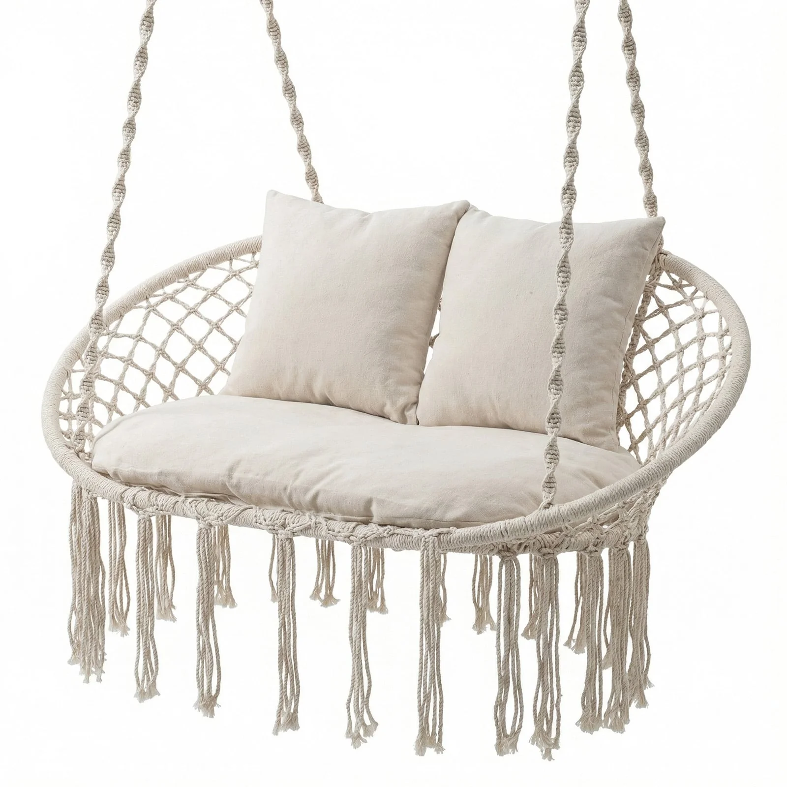 Double Swing Chair With Cushions, Macrame Hanging Hammock, Beige